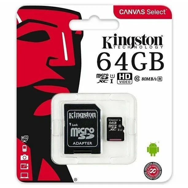 Rexing Kingston Canvas Select 64GB Micro SD Card with SD adapter, showing front label and storage capacity.