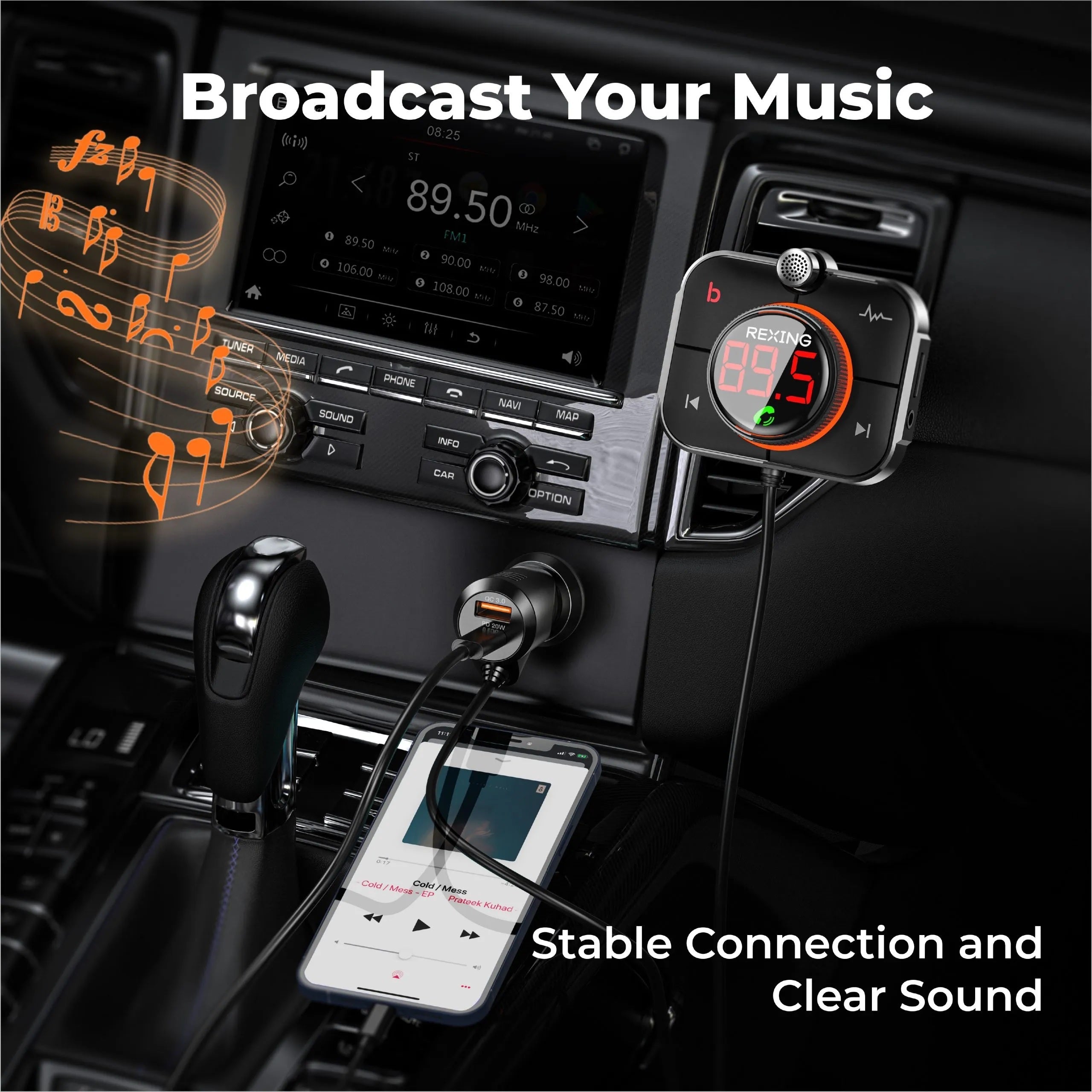 Rexing FMT2 FM transmitter car charger with Bluetooth 5.0, visible in the image, designed for in-car audio and device charging.