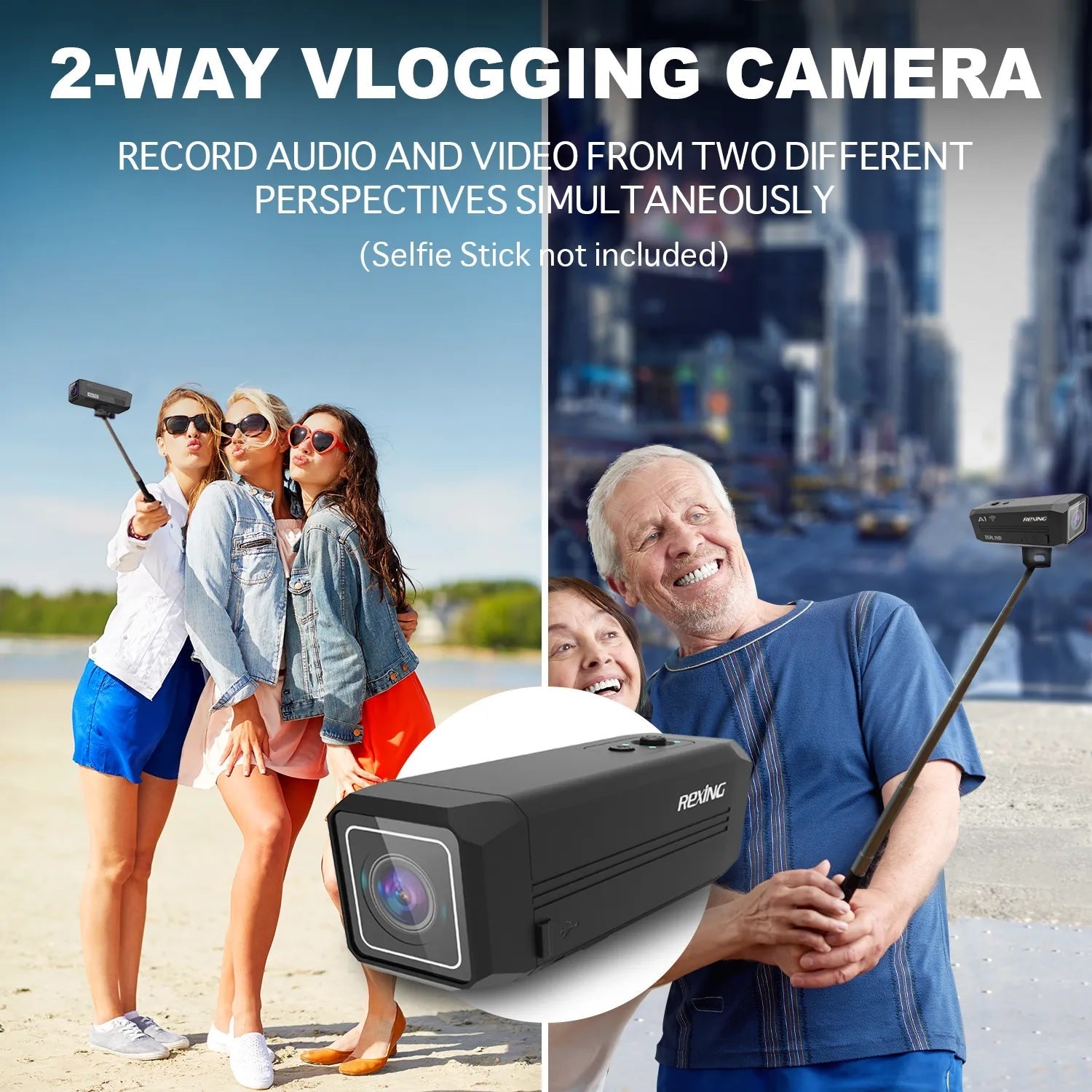 Rexing A1 two-way outdoor action camera with front and back 1080p video, Wi-Fi connectivity, mounted on a helmet for outdoor filming.