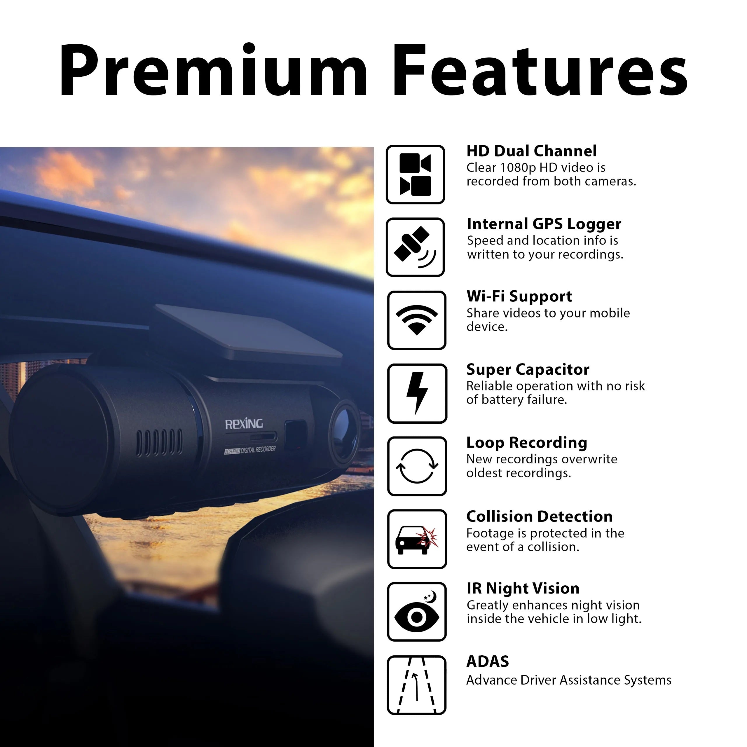 Rexing V3 Bundle Dual Camera Front and Inside Cabin Full HD 1080p with WiFi and Built-in GPS - We The Collective
