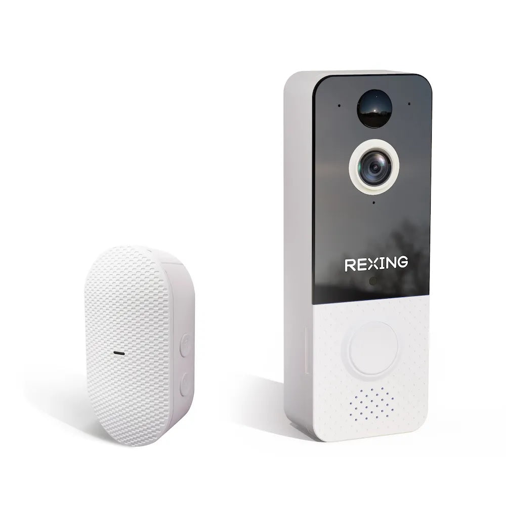 Rexing SDB1 smart wireless video doorbell camera with 1080p recording, WiFi connectivity, and included free 2-year warranty.