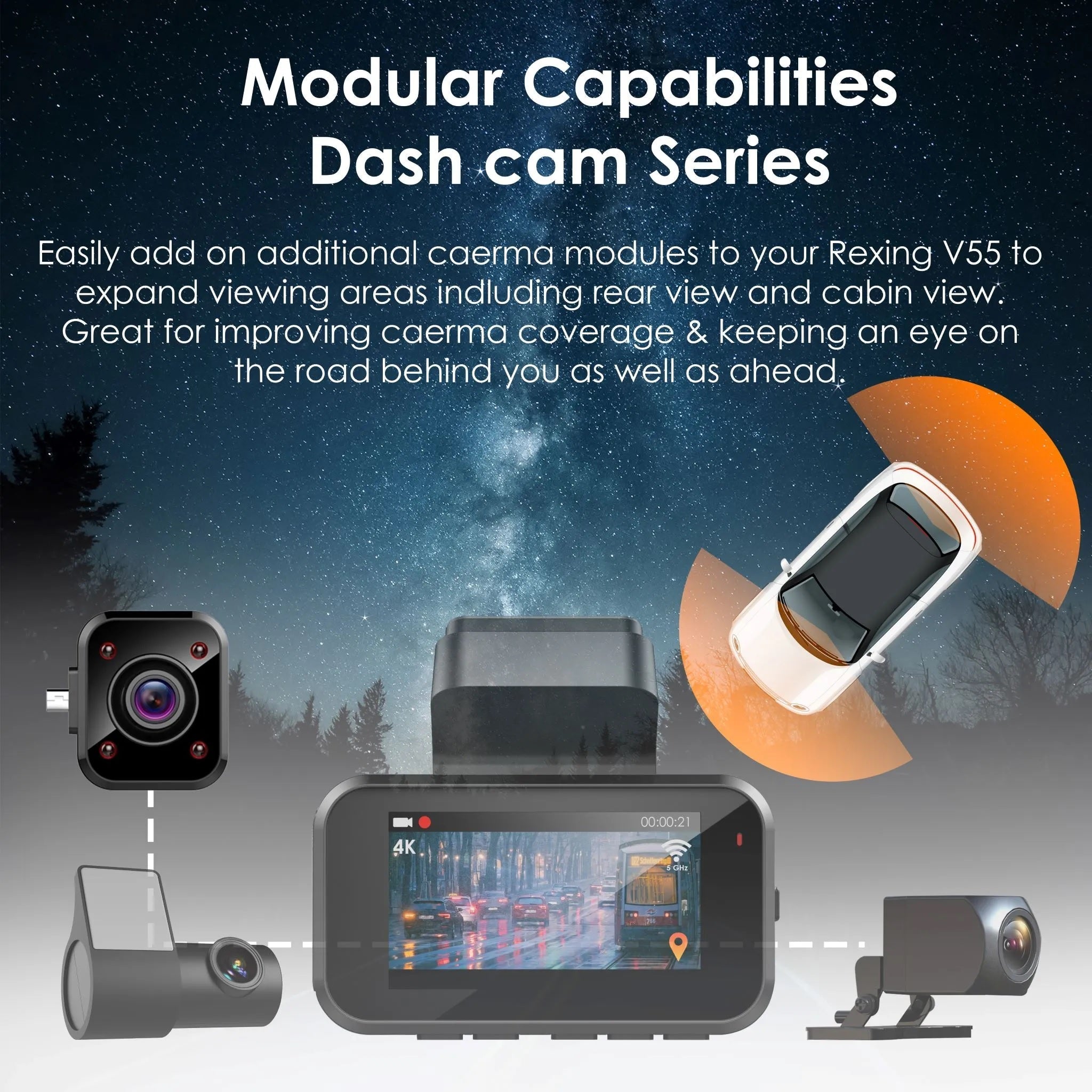 Rexing Cabin View Camera for V55 Premium 4K dash cam, showing modular design and camera lens for car dash cam accessories.