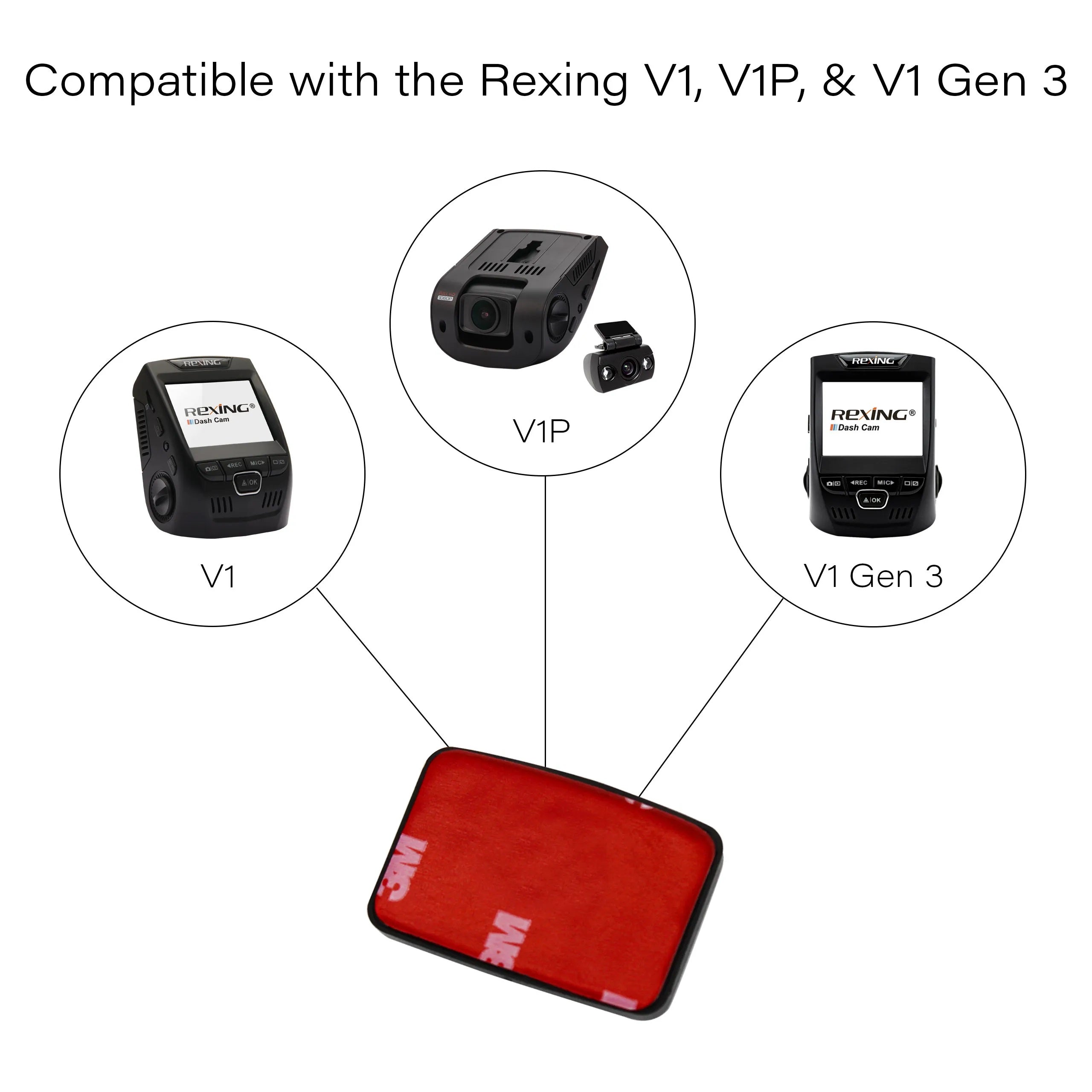 Rexing adhesive mount for V1 dash cam series, including V1 Basic, V1-4K, and V1P-4K, shown attached to a vehicle windshield.