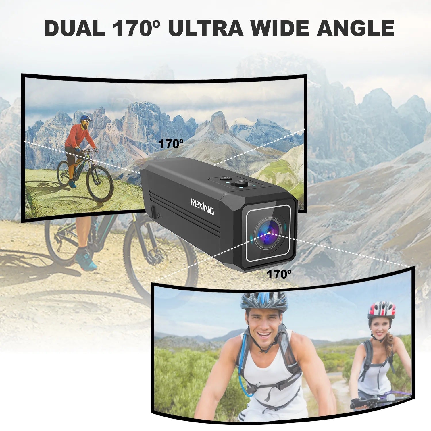 Rexing A1 outdoor action camera with front and back lenses, capturing 1080p video at 30fps with Wi-Fi connectivity.