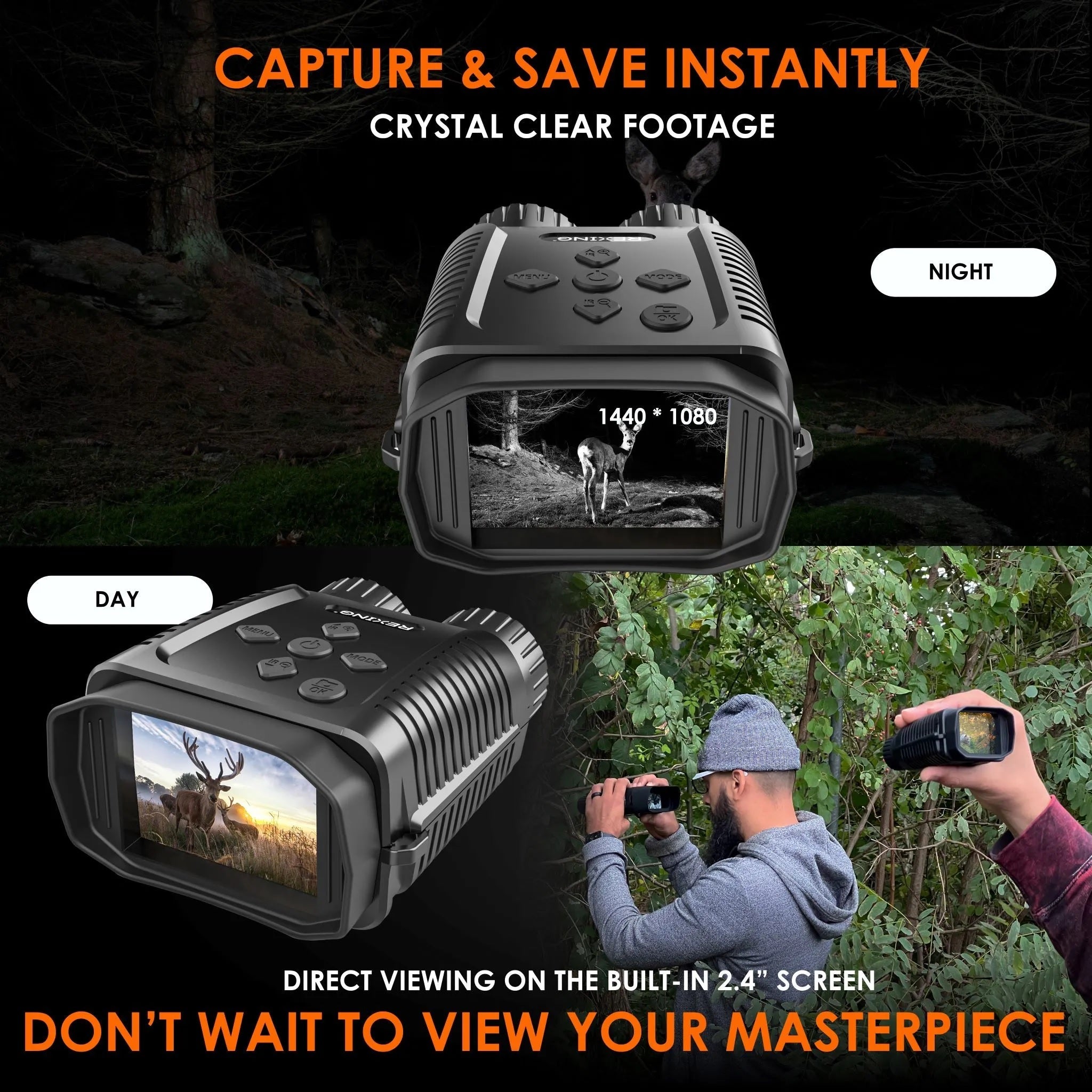 REXING B1 Mini digital binoculars with 1080p night vision and viewing screen, ideal for outdoor adventures.
