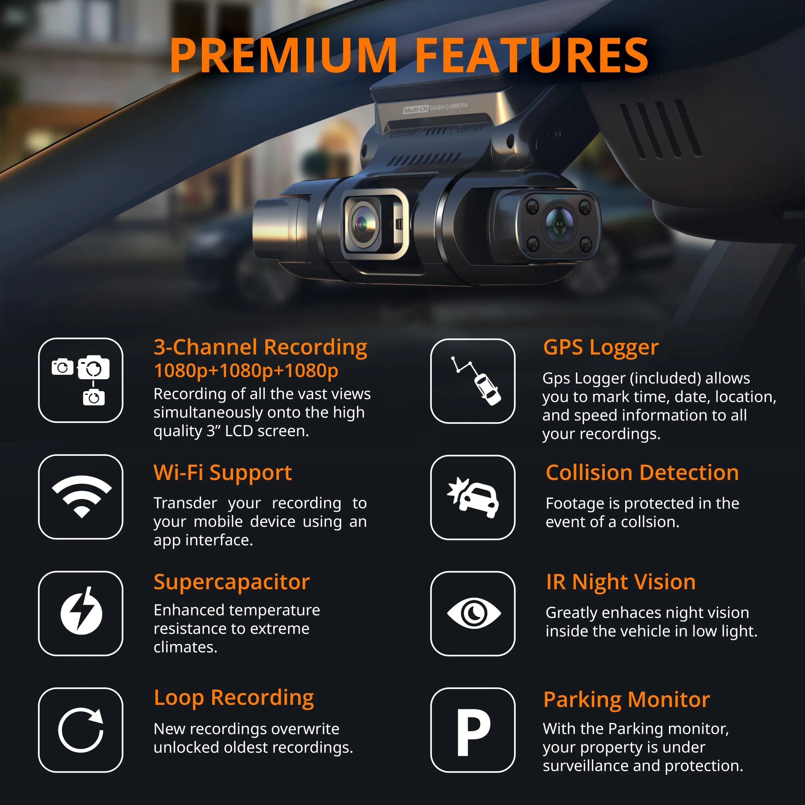 Rexing S3 3-channel dash cam showing front, cabin, and side views in 1080p with Wi-Fi and GPS features.