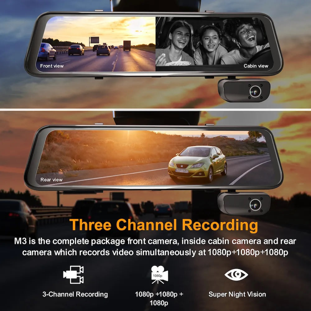 Rexing M3 3-channel dash cam with front, cabin, and rear cameras, featuring GPS and mirrored display in a sleek design.