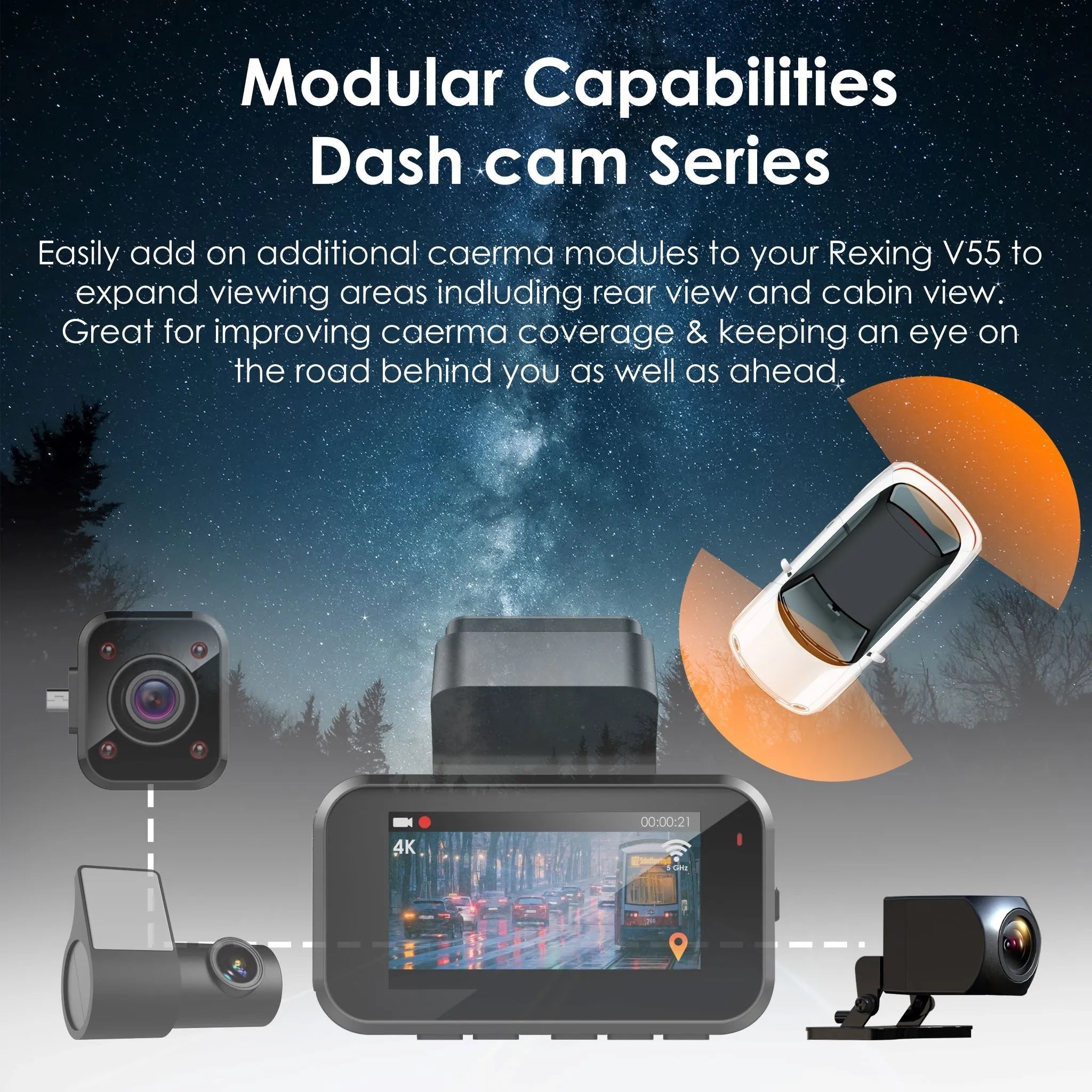 Rexing waterproof rear view camera for V55 premium 4K dash cam, showing camera lens and mounting details on a vehicle.
