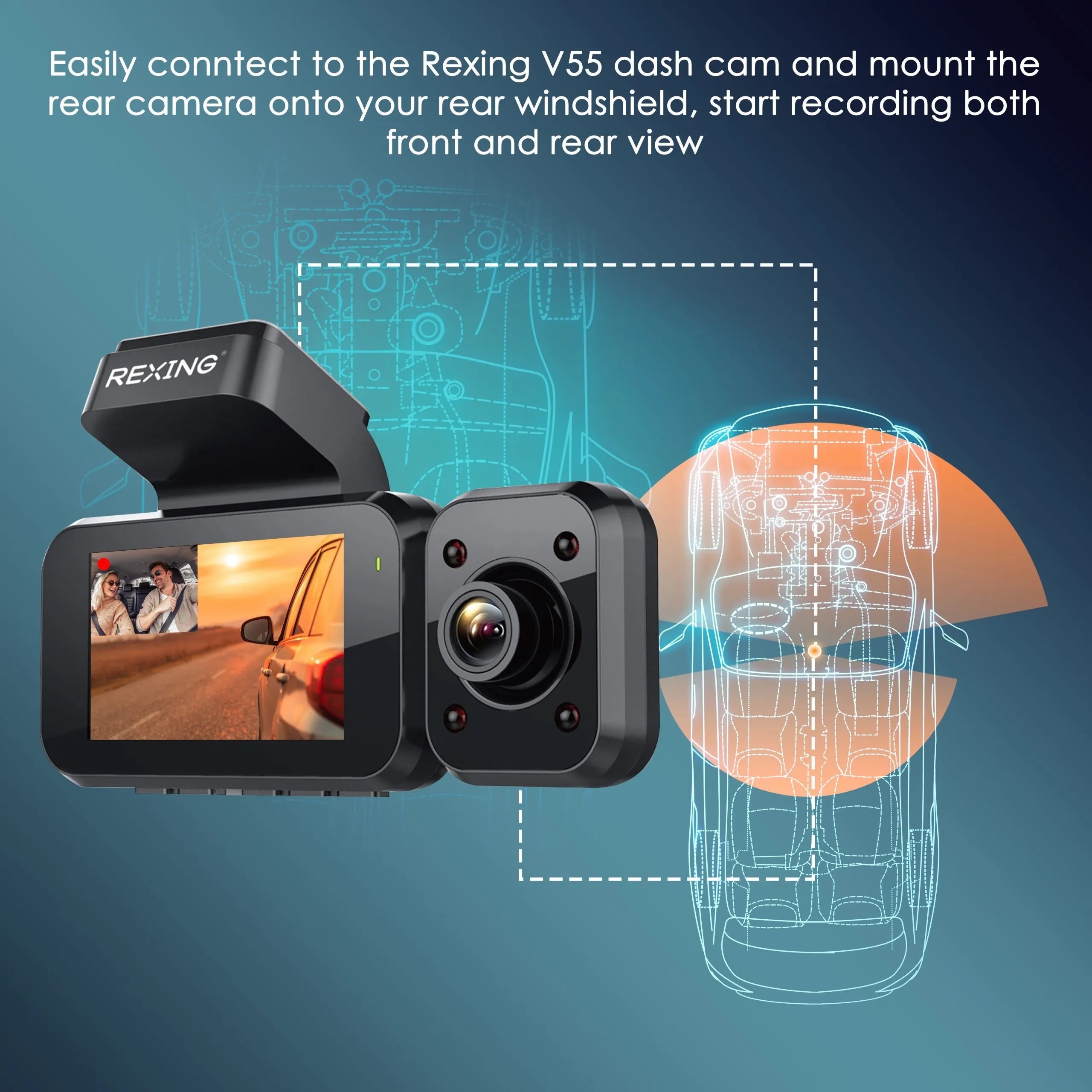 Rexing Cabin View Camera for V55 Premium 4K dash cam, showing modular design and lens for car dashboard recording.