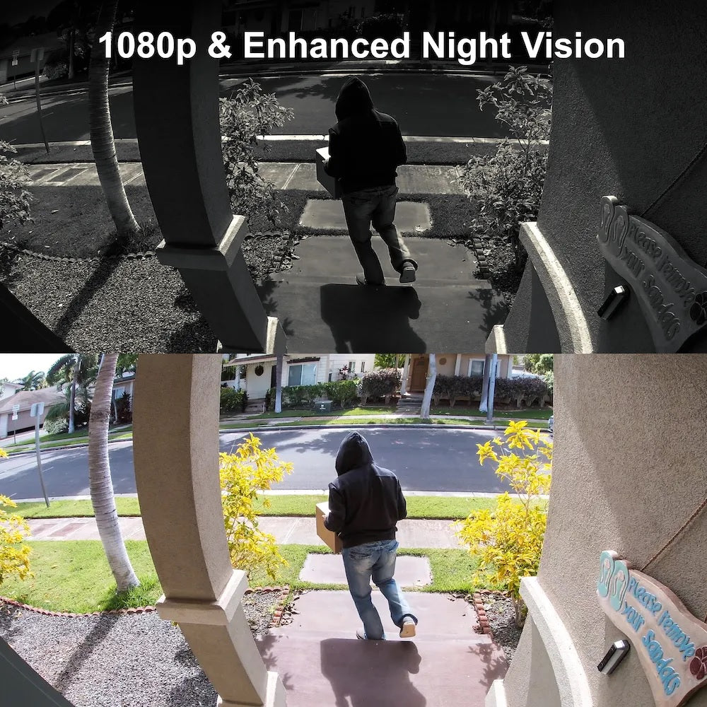 Rexing SDB1 smart wireless video doorbell camera with 1080p recording and WiFi, mounted at a home's entrance