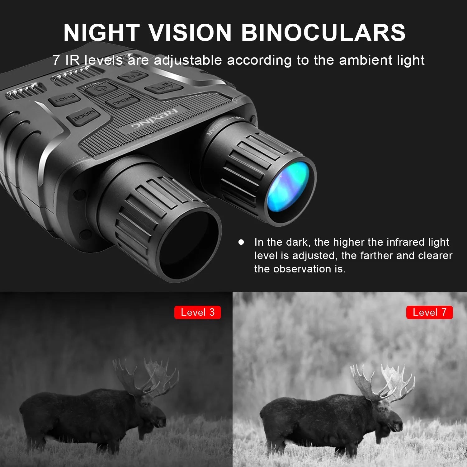 Rexing B1 black night vision goggles binoculars for outdoor use, featuring dual lenses and ergonomic design.
