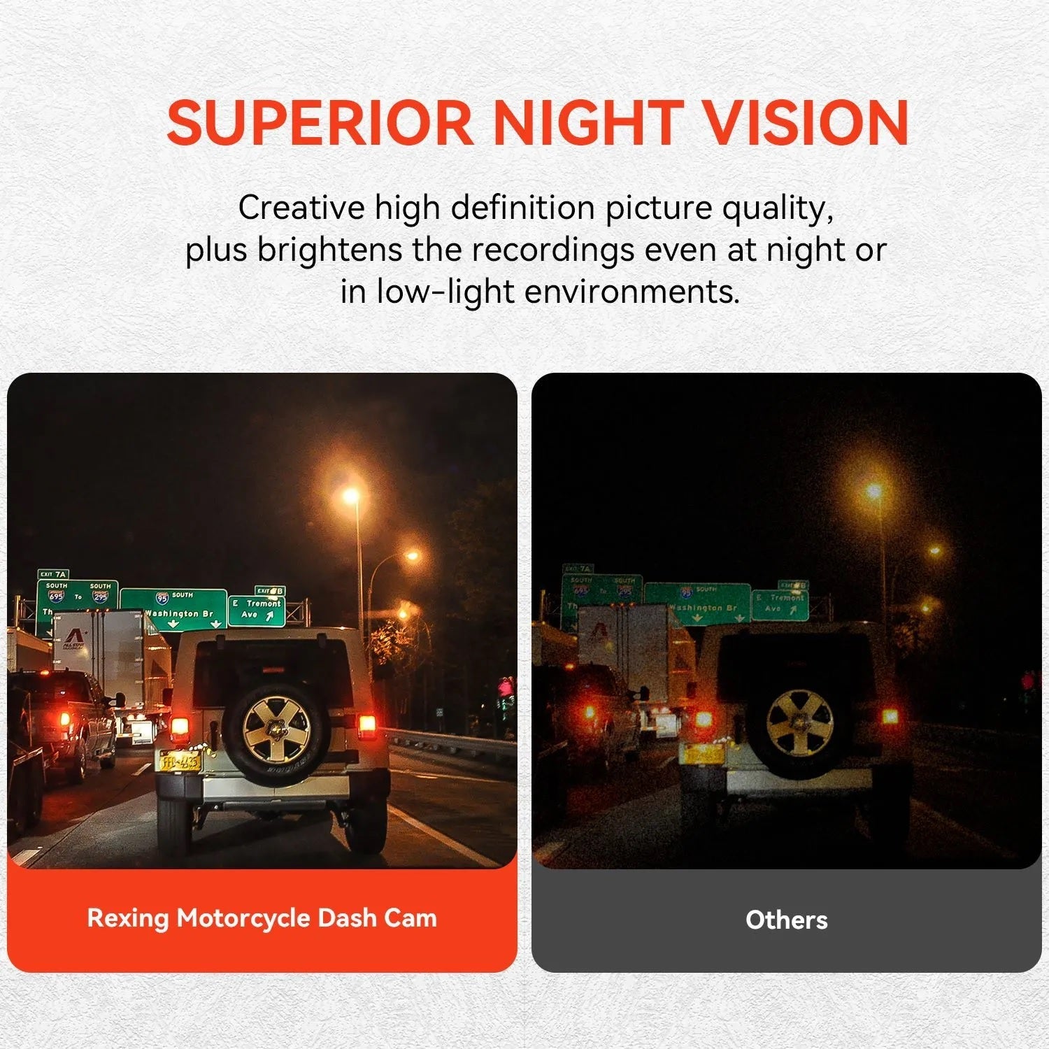Rexing MTC1 dual camera motorcycle dash cam showing front and rear lenses with GPS and WiFi features.