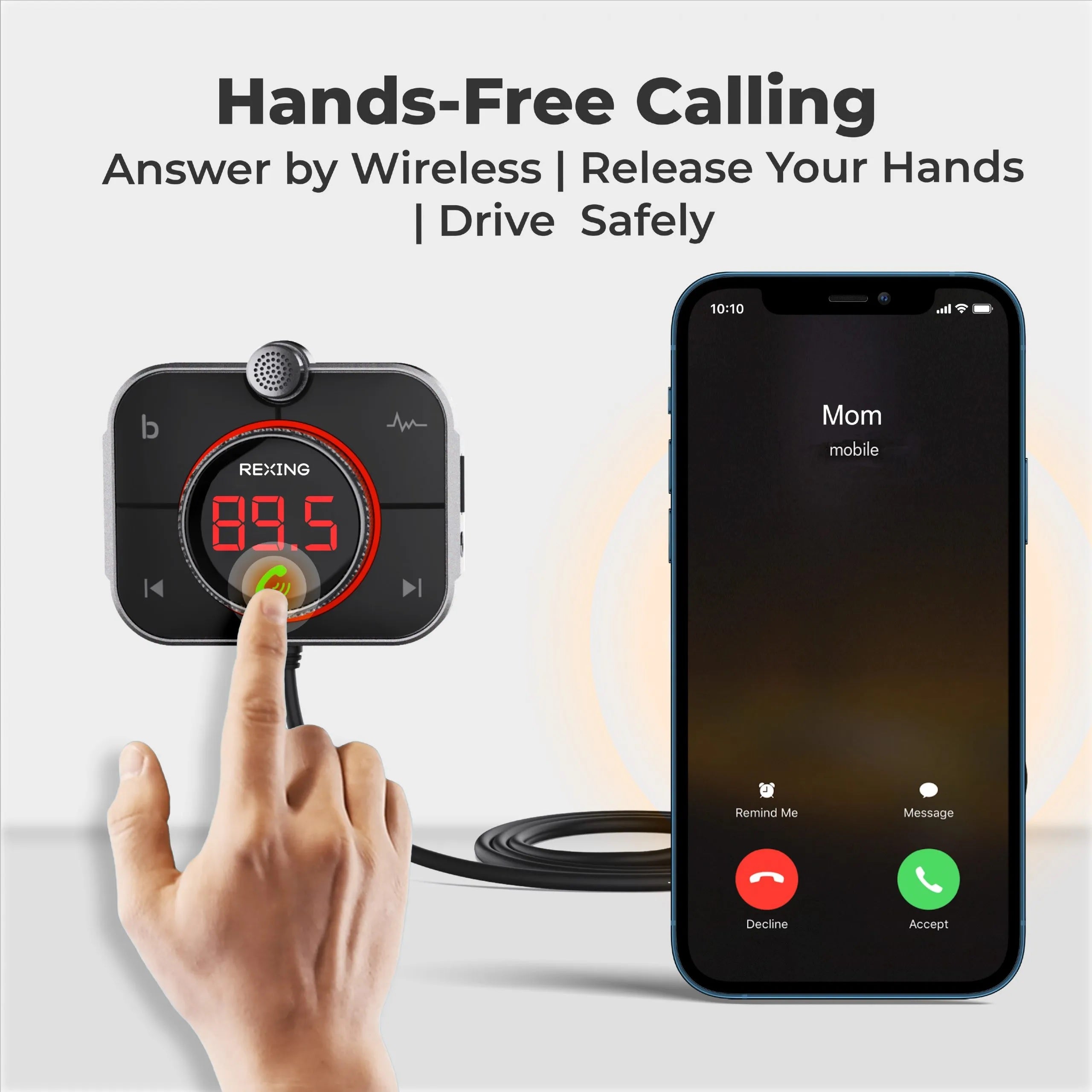 Rexing FMT2 FM transmitter car charger with Bluetooth 5.0 connected to a vehicle dashboard, showing controls and display screen.