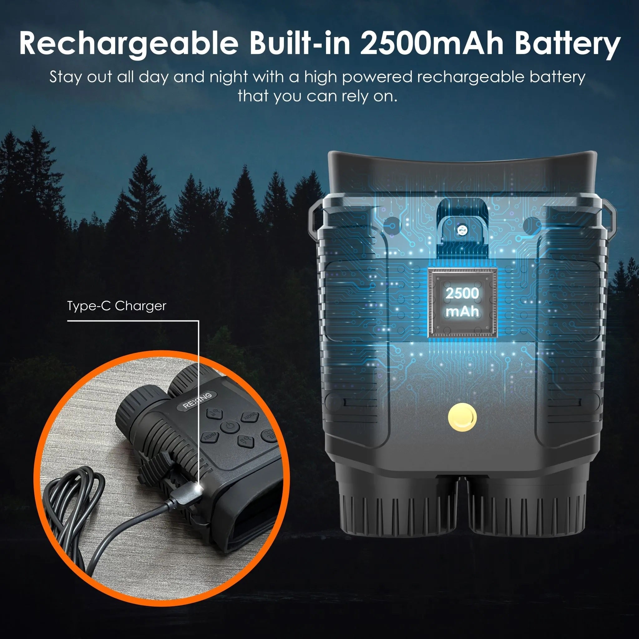 REXING B1 Mini digital binoculars with night vision and viewing screen for high-tech outdoor adventures.