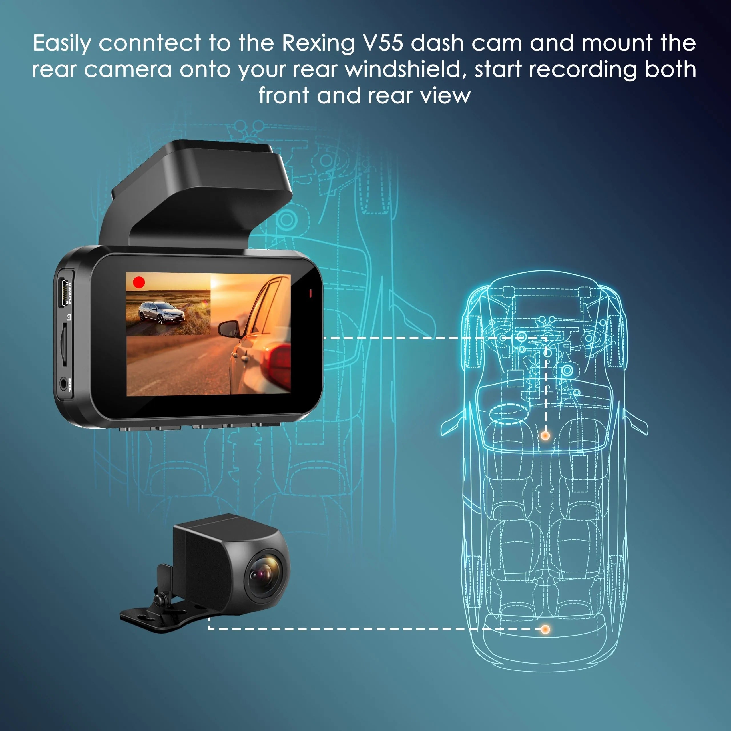 Rexing waterproof rear view camera for V55 car dash cam, showing the camera lens and mounting bracket in a close-up shot.