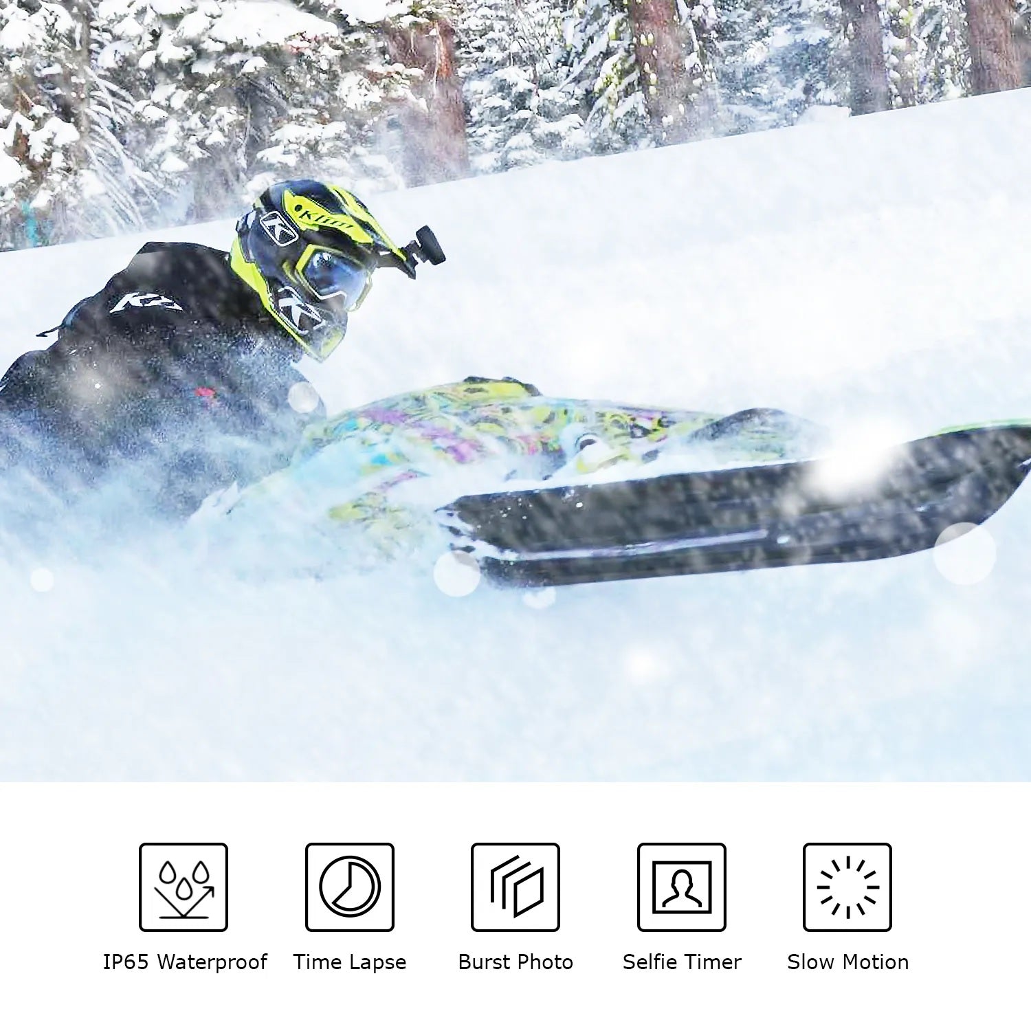 Rexing A1 two-way outdoor action camera with front and back 1080p video, Wi-Fi connectivity, mounted on a helmet or outdoor gear.