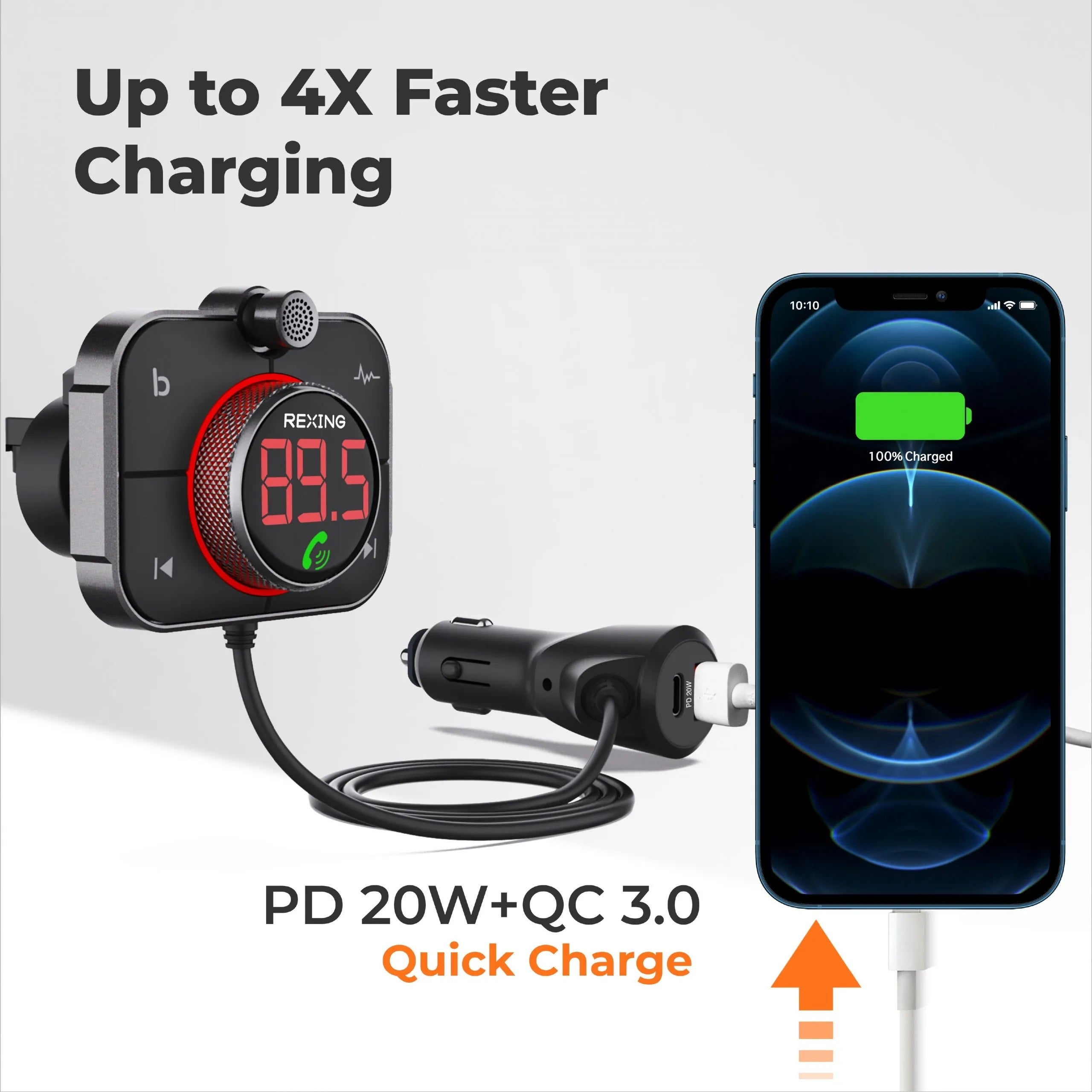 Rexing FMT2 FM transmitter car charger with Bluetooth 5.0, shown plugged into a vehicle's cigarette lighter socket.