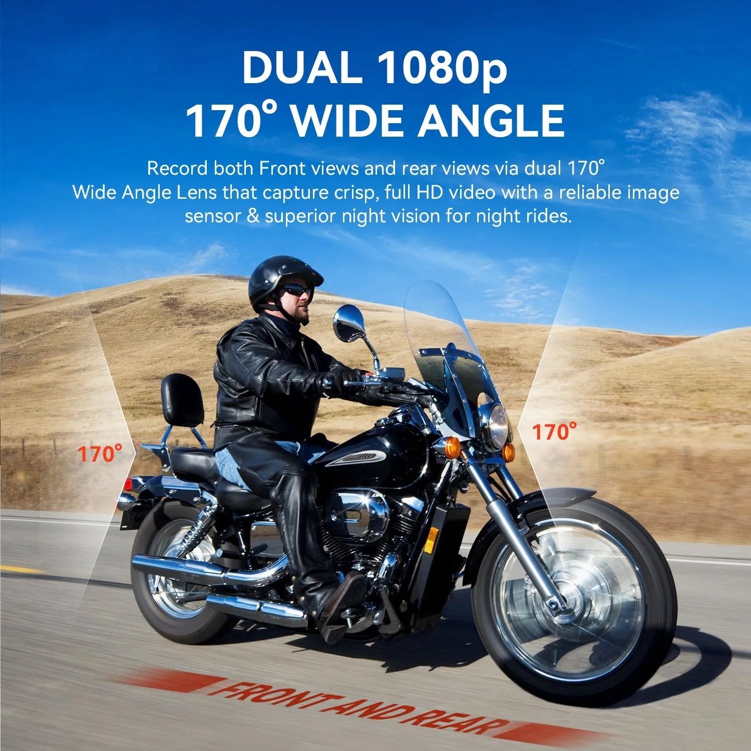 Rexing MTC1 dual camera motorcycle dash cam with front and rear 1080p lenses, WiFi, and GPS mounted on motorcycle handlebars