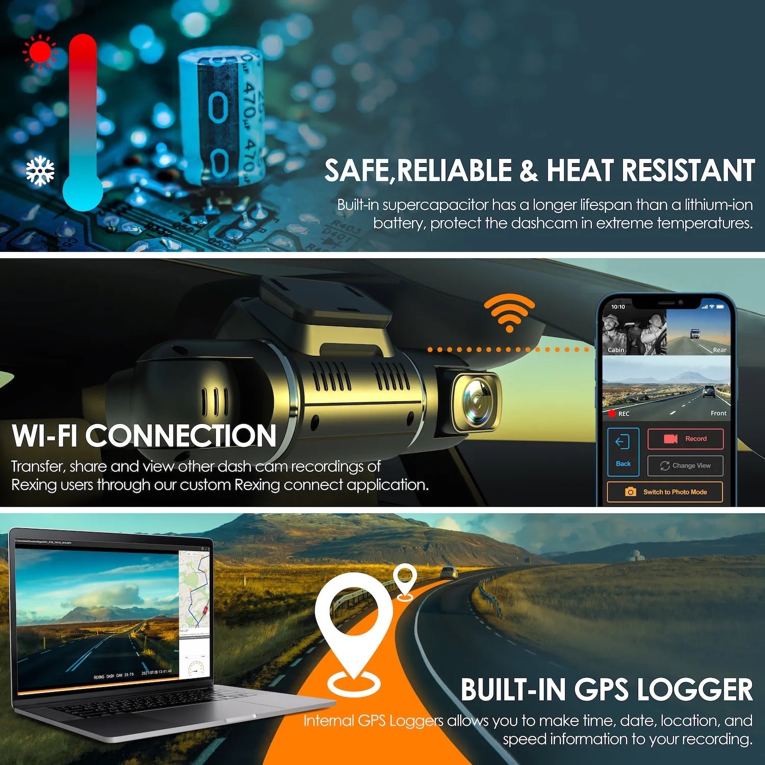 Rexing V2 PRO AI Dash Cam, 3-Channel Front/Cabin/Rear 1080p Recording with Wi-Fi and GPS - We The Collective
