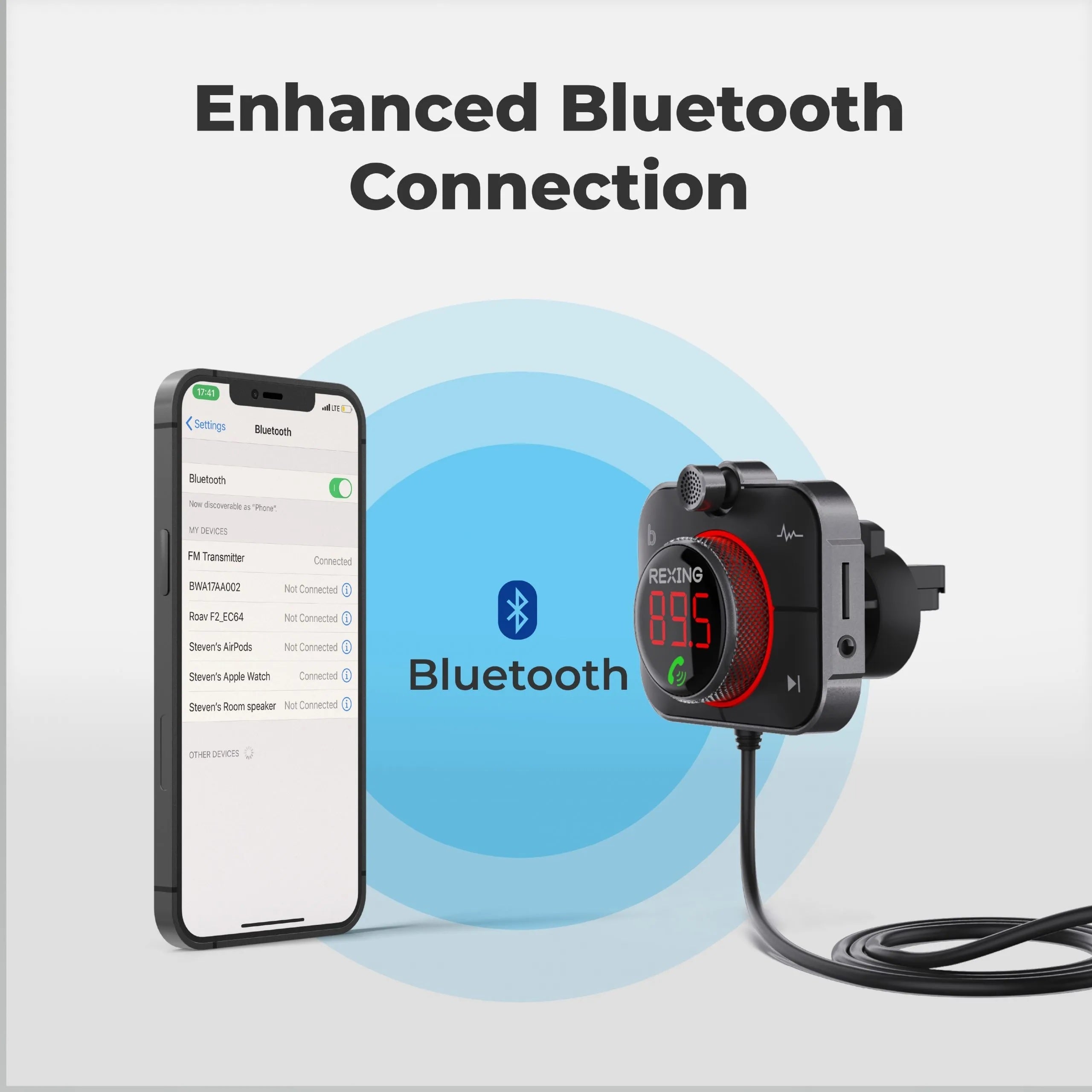 Rexing FMT2 FM Transmitter car charger with Bluetooth 5.0, shown plugged into a vehicle's cigarette lighter socket.