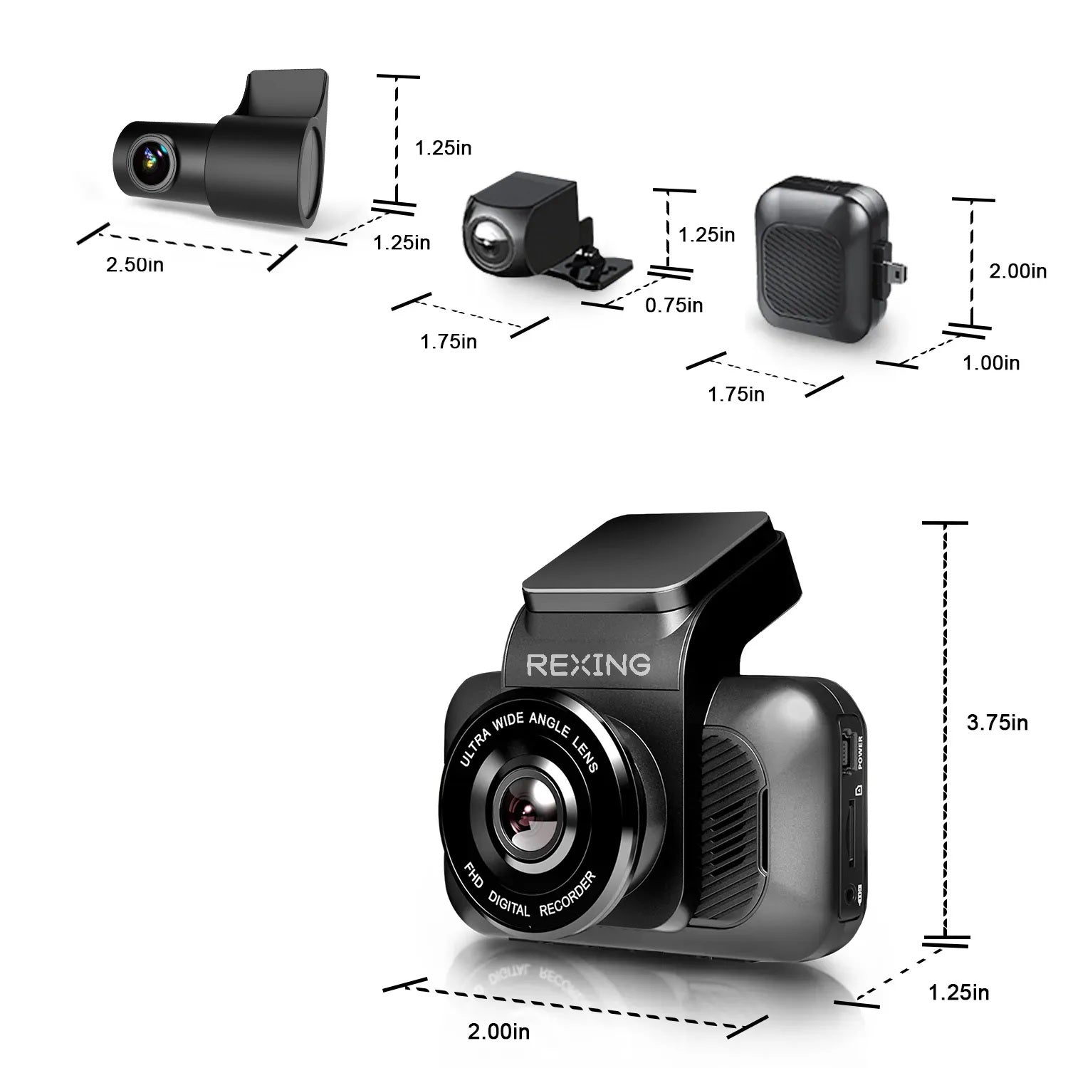 Rexing Cabin View Camera for V55 Premium 4K dash cam, showing modular car dash camera accessory with lens and mounting hardware.