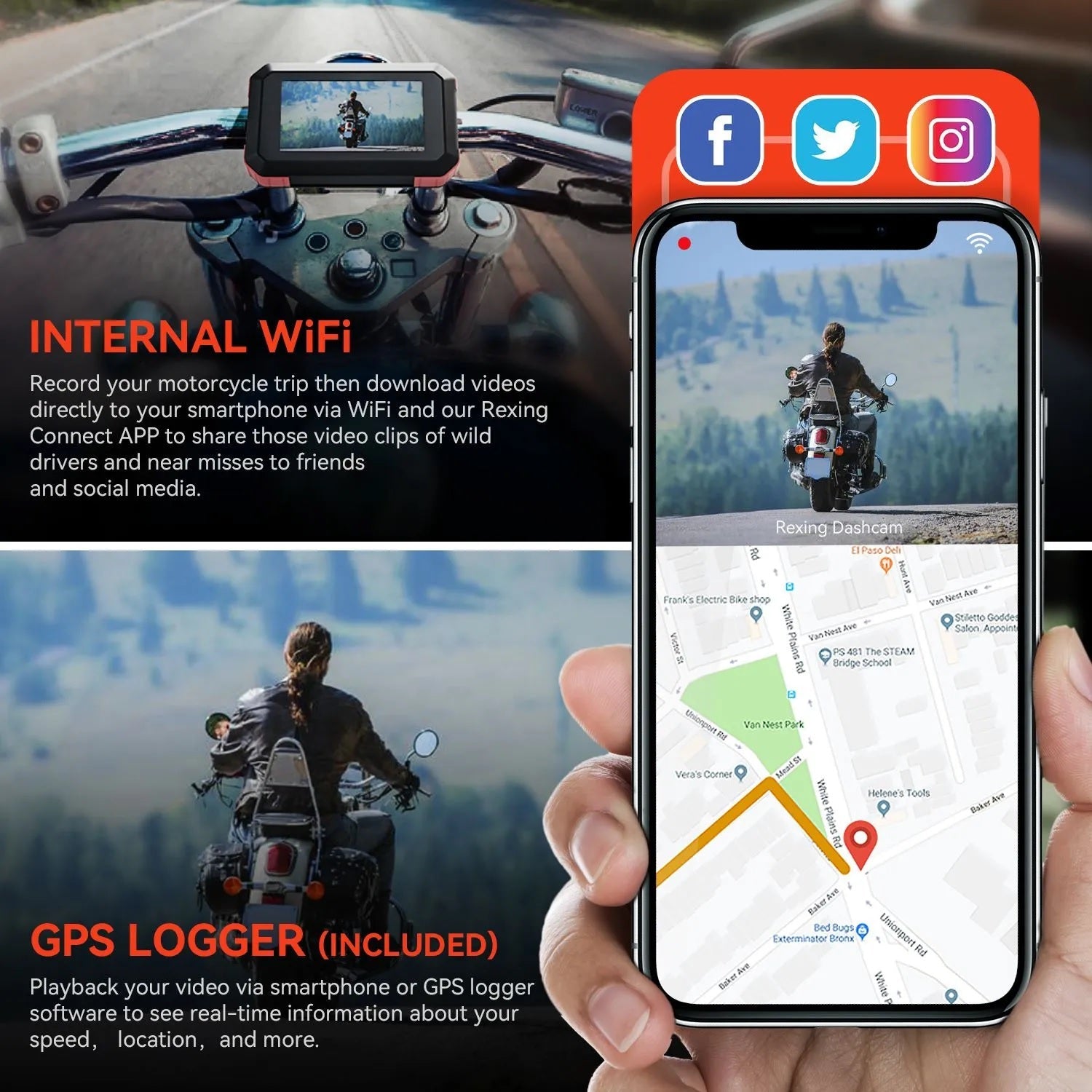 Rexing MTC1 dual camera motorcycle dash cam with front and rear 1080p video, WiFi, and GPS features mounted on motorcycle handlebars.