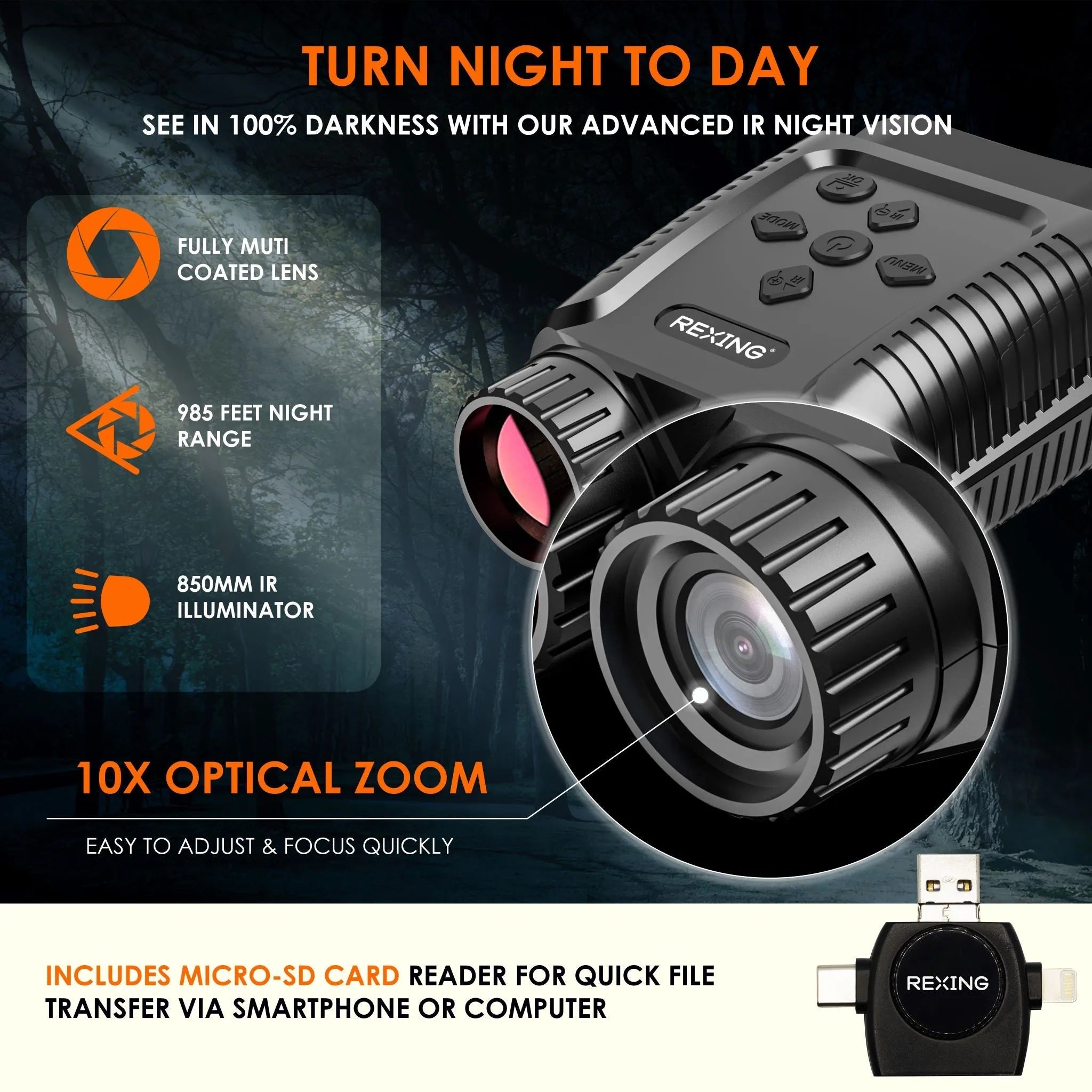 REXING B1 Mini digital binoculars with 1080p night vision, compact design, and viewing screen for outdoor adventures.
