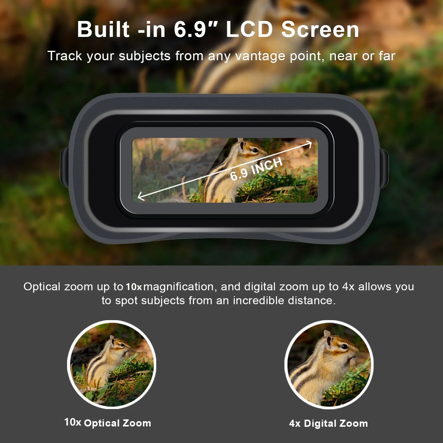 Rexing B1 black night vision binoculars for outdoor use, showing the dual eyepieces and compact design in a natural outdoor setting.