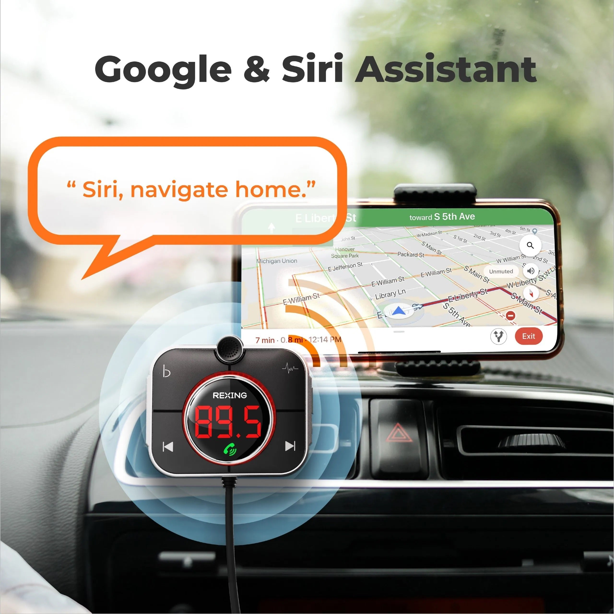 Rexing FMT2 FM Transmitter Car Charger with Bluetooth 5.0 connected to a car dashboard, showing LCD display and charging ports.