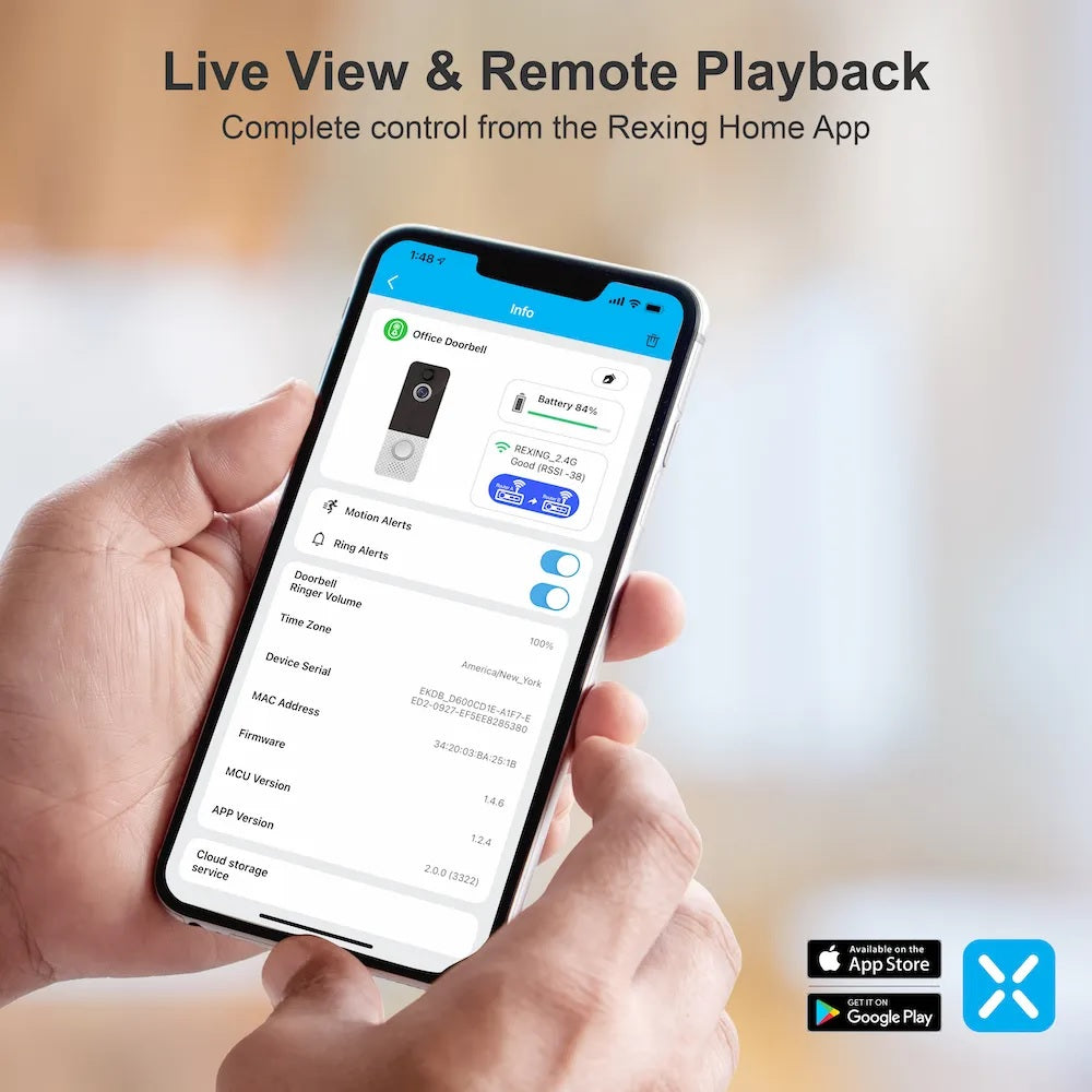 Rexing SDB1 smart wireless video doorbell camera showing 1080p video feed with WiFi connection and sleek black design.