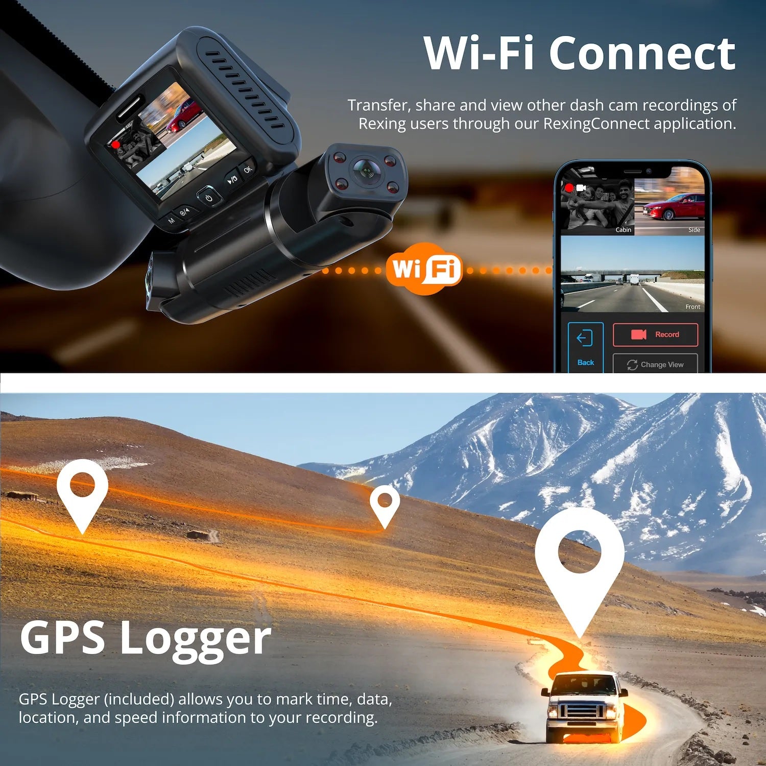 Rexing S3 3-channel dash cam showing front, cabin, and side views with 1080P resolution, Wi-Fi, and GPS features.