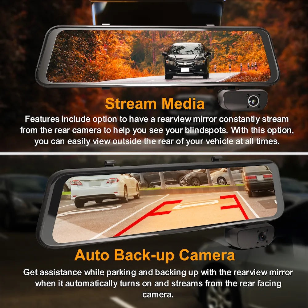 Rexing M3 3-channel dash cam showing front, cabin, and rear cameras with GPS mounted inside a vehicle.
