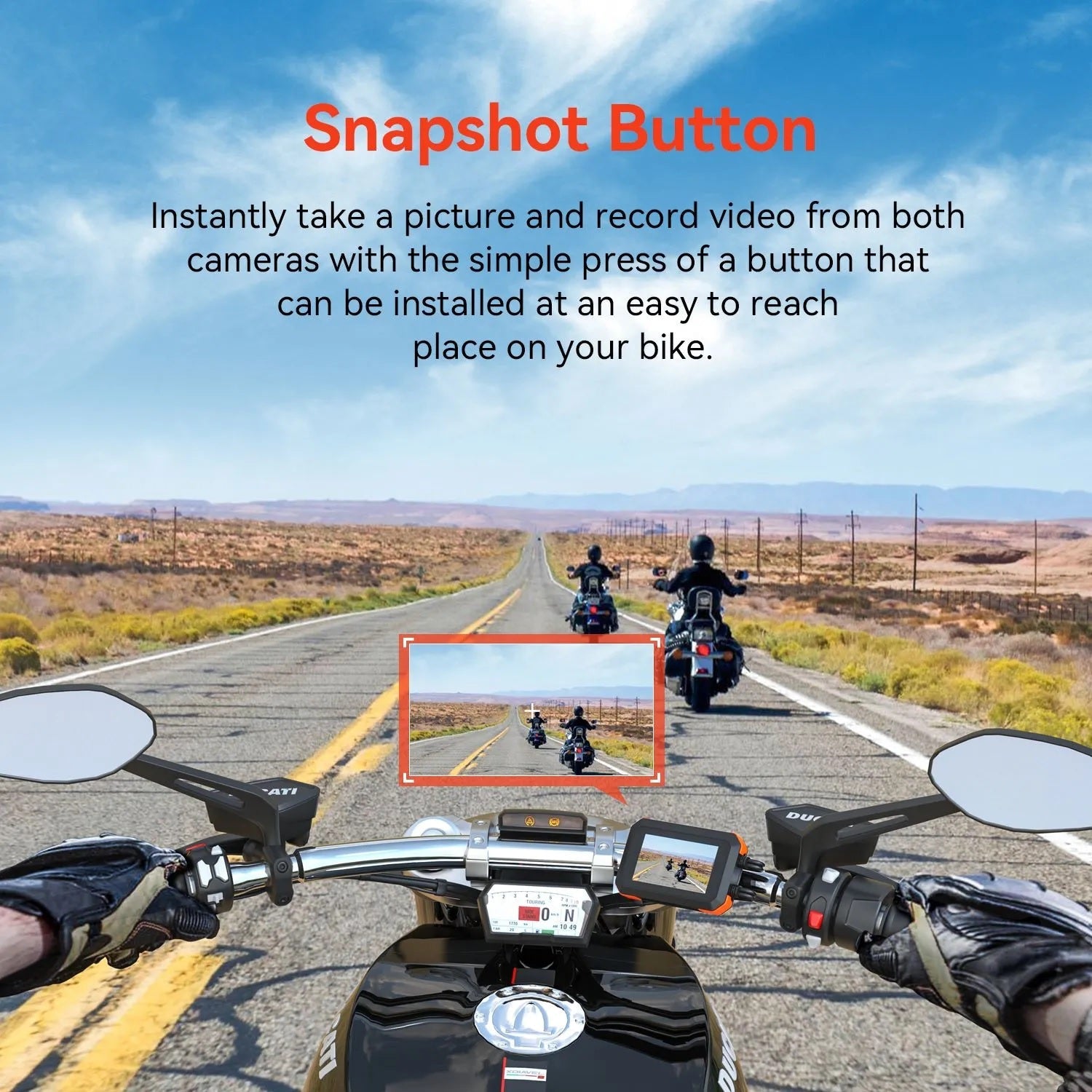 Rexing MTC1 dual camera motorcycle dash cam with front and rear 1080p lenses, GPS, WiFi, mounted on a motorcycle handlebar