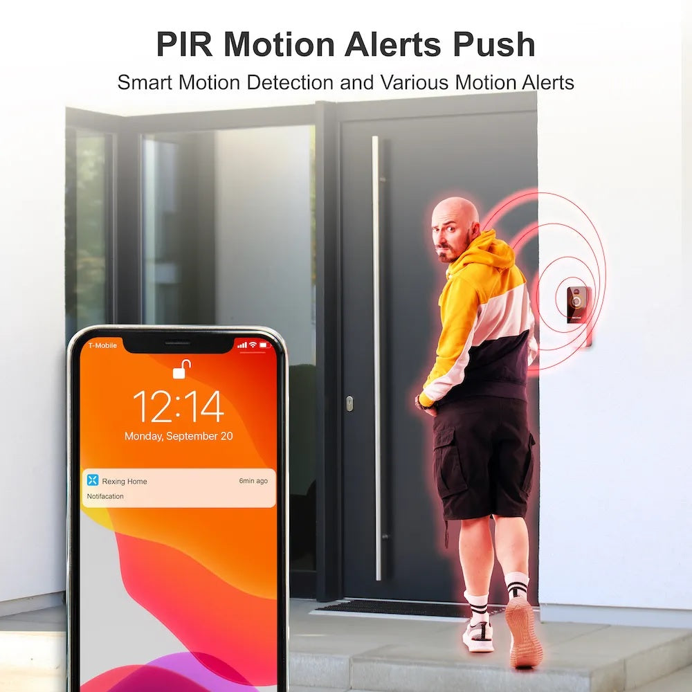 Rexing SDB1 smart wireless video doorbell camera with 1080p recording, WiFi, and free 2-year warranty for smart home security.