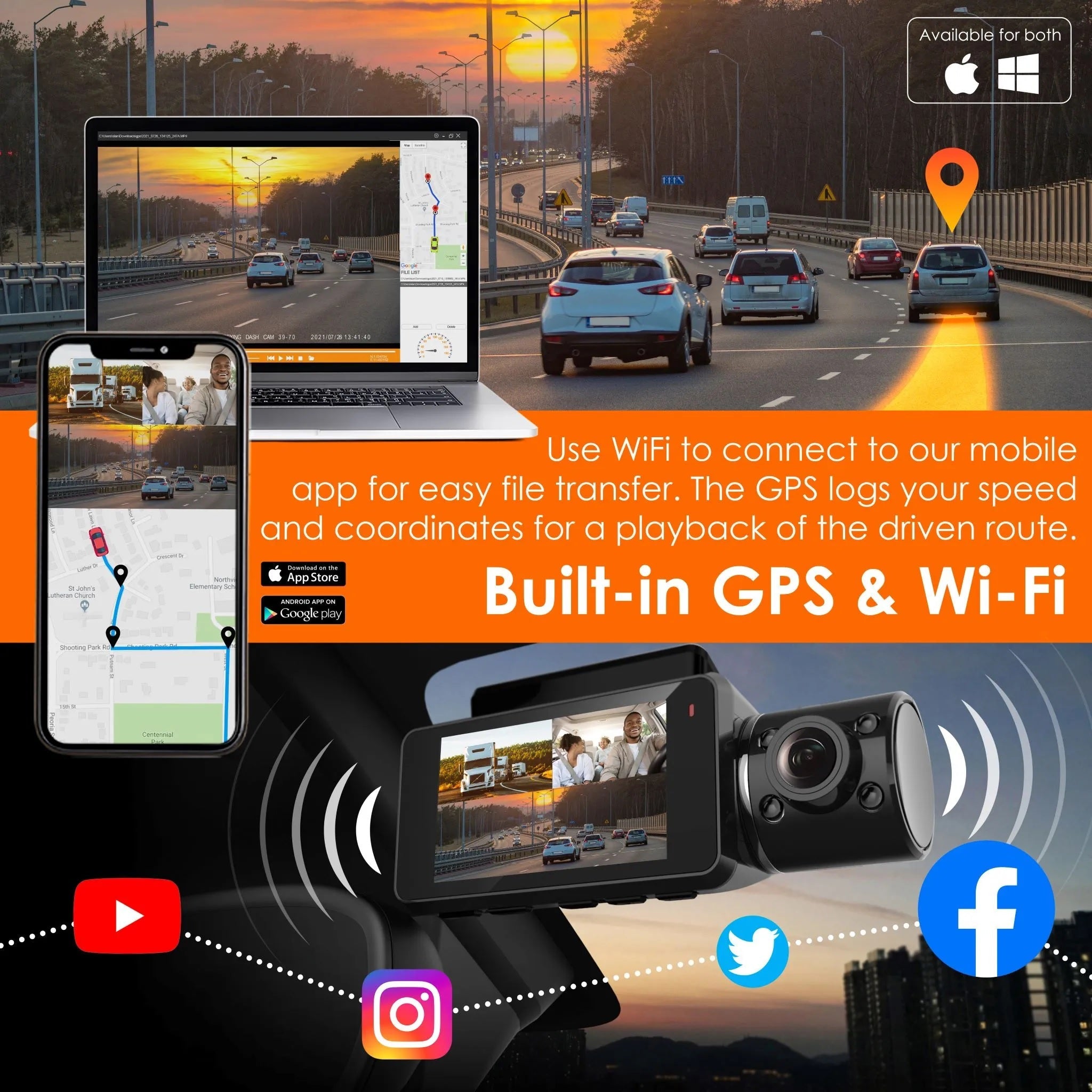 Rexing V33 3 Channel Dash Cam capturing 1440p footage from front, cabin, and rear with built-in Wi-Fi and GPS.