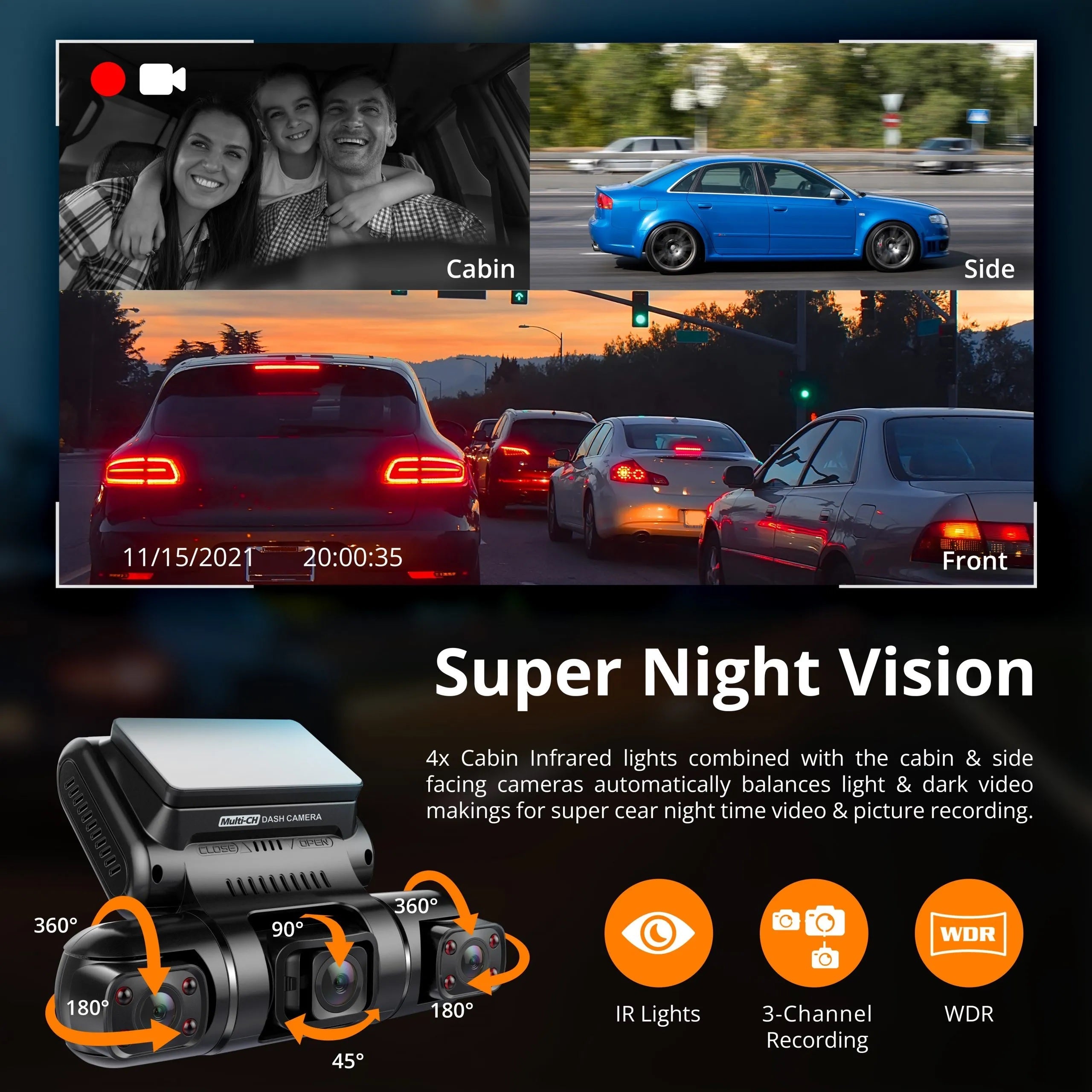 Rexing S3 3-channel dash cam showing front, cabin, and side views in a sleek design with Wi-Fi and GPS features.