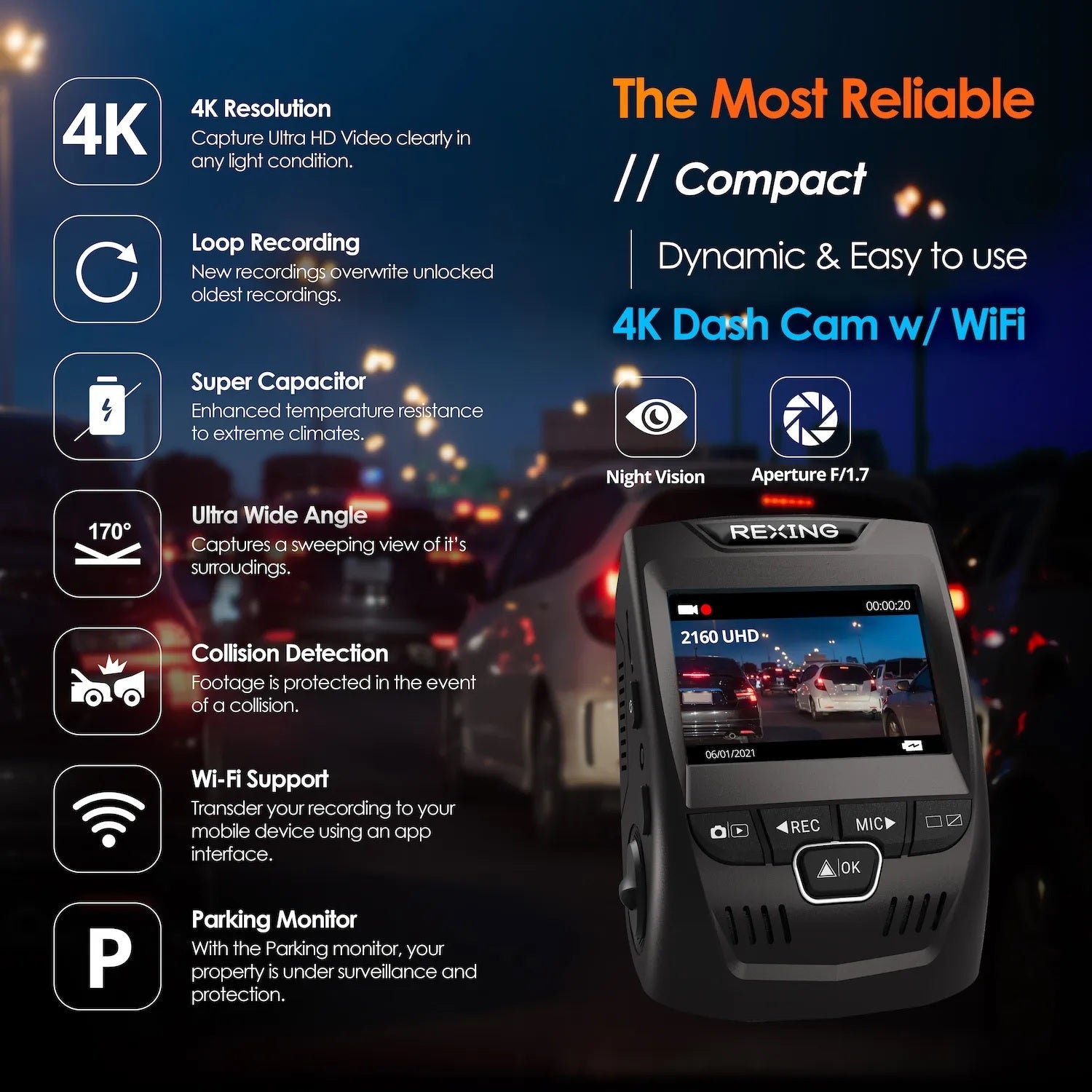 Rexing V1 4K Ultra HD car dash cam with Wi-Fi, showing sleek design and front lens in a vehicle setting.
