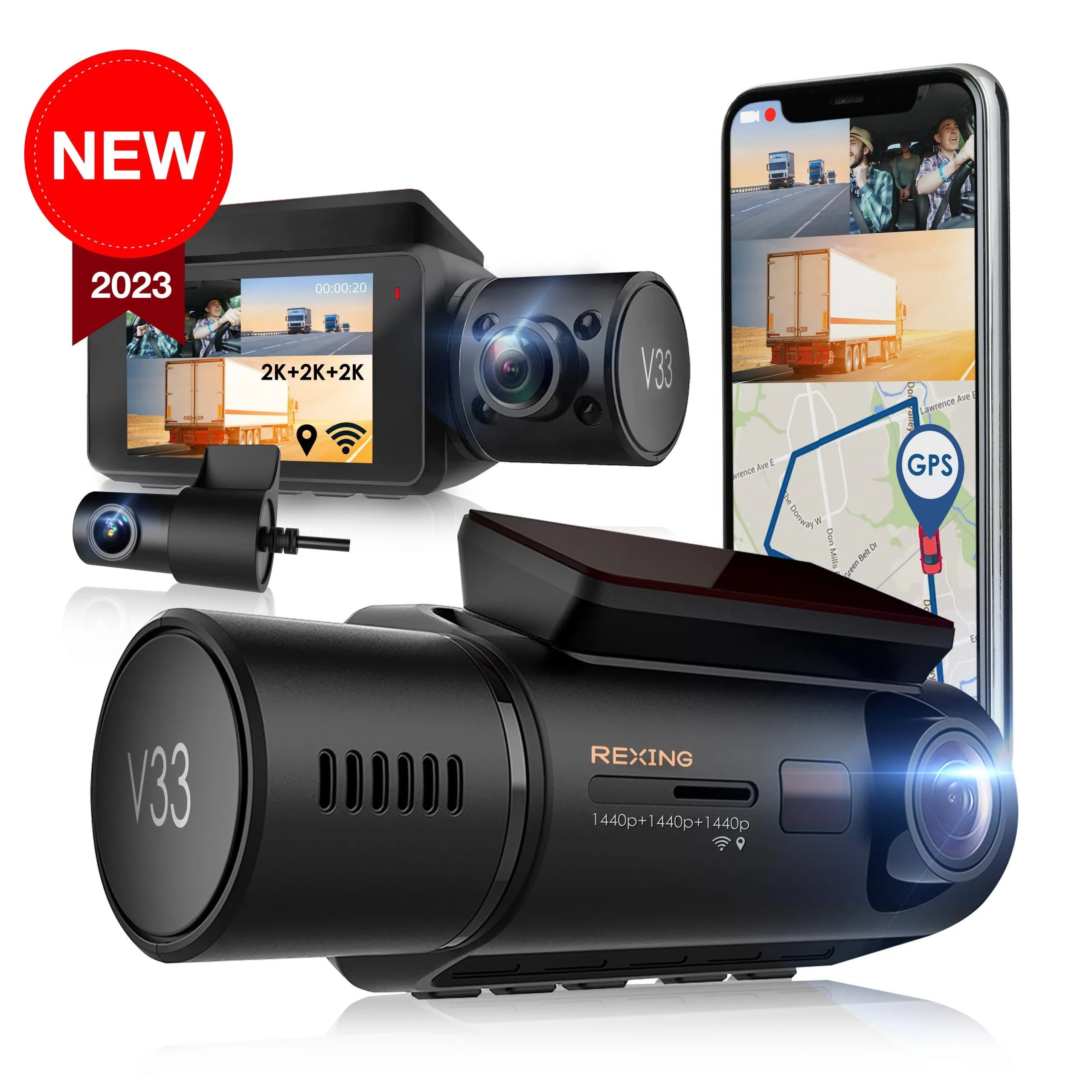 Rexing V33 dash cam featuring three 1440p cameras for front, cabin, and rear views with built-in Wi-Fi and GPS.