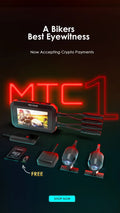 Rexing MTC1 dual camera motorcycle dash cam showing front and rear lenses with GPS and WiFi features.