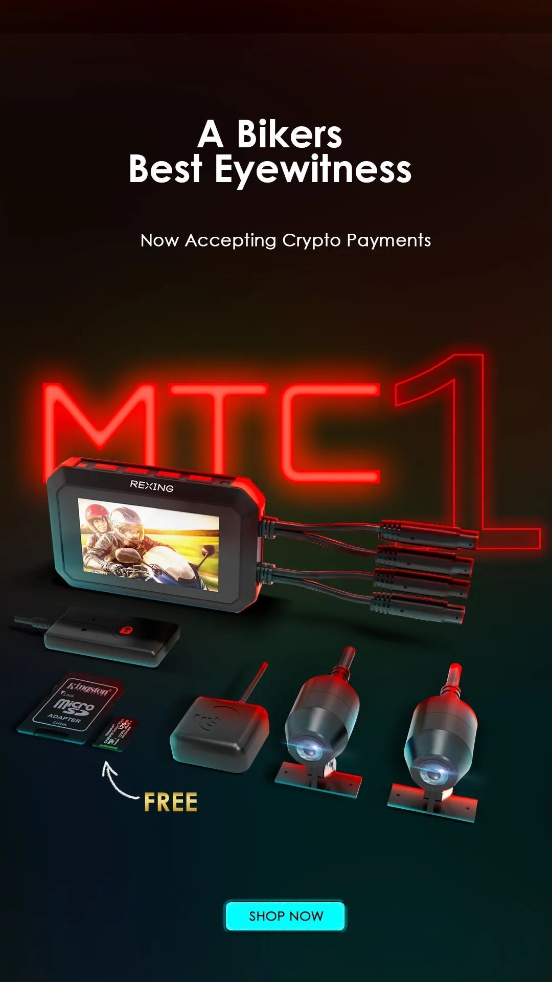 Rexing MTC1 dual camera motorcycle dash cam showing front and rear lenses with GPS and WiFi features.