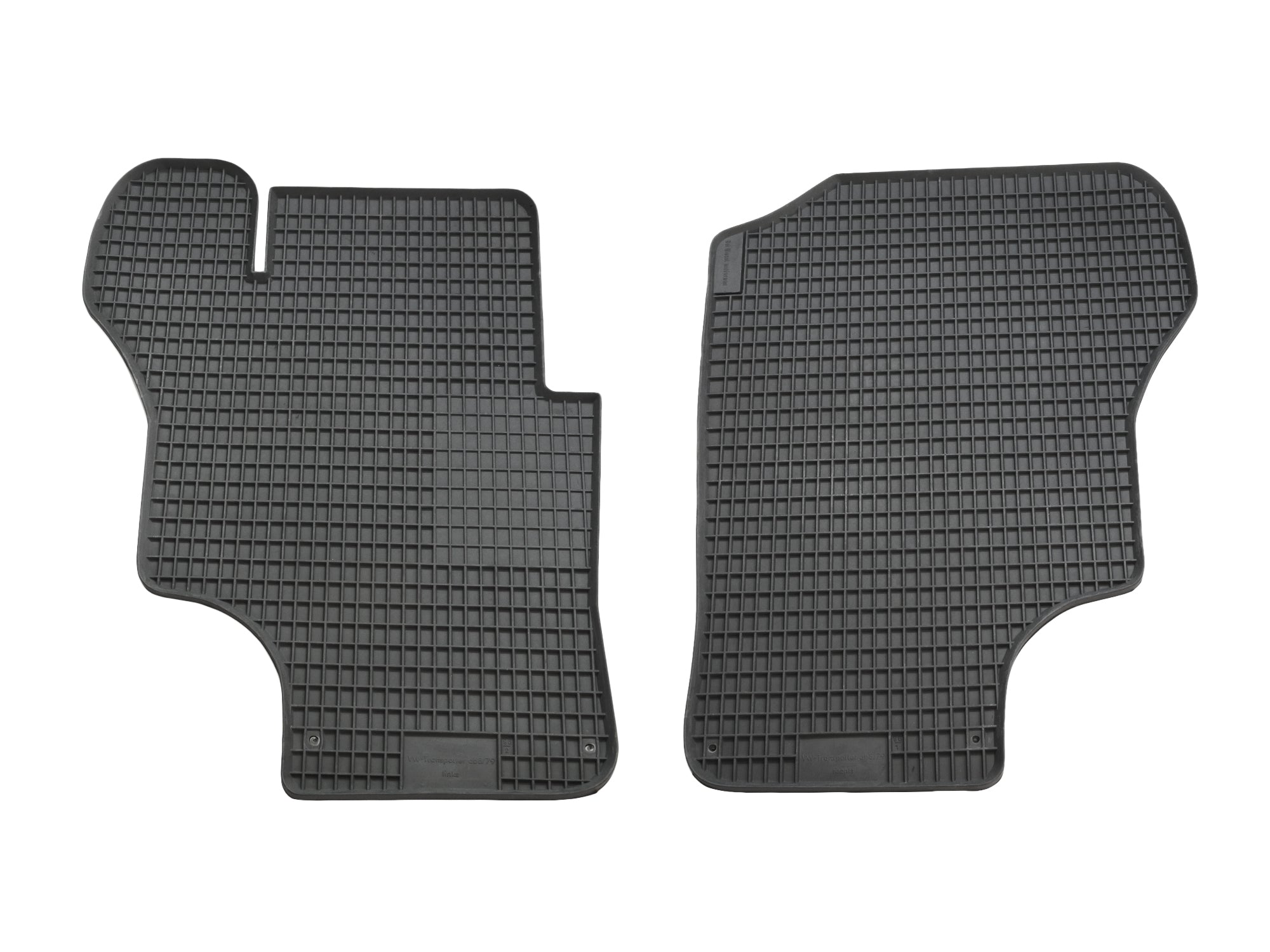 Gray rubber front floor mats for Vanagon, 2-piece set by GoWesty, showing textured surface and fit for vehicle interior.