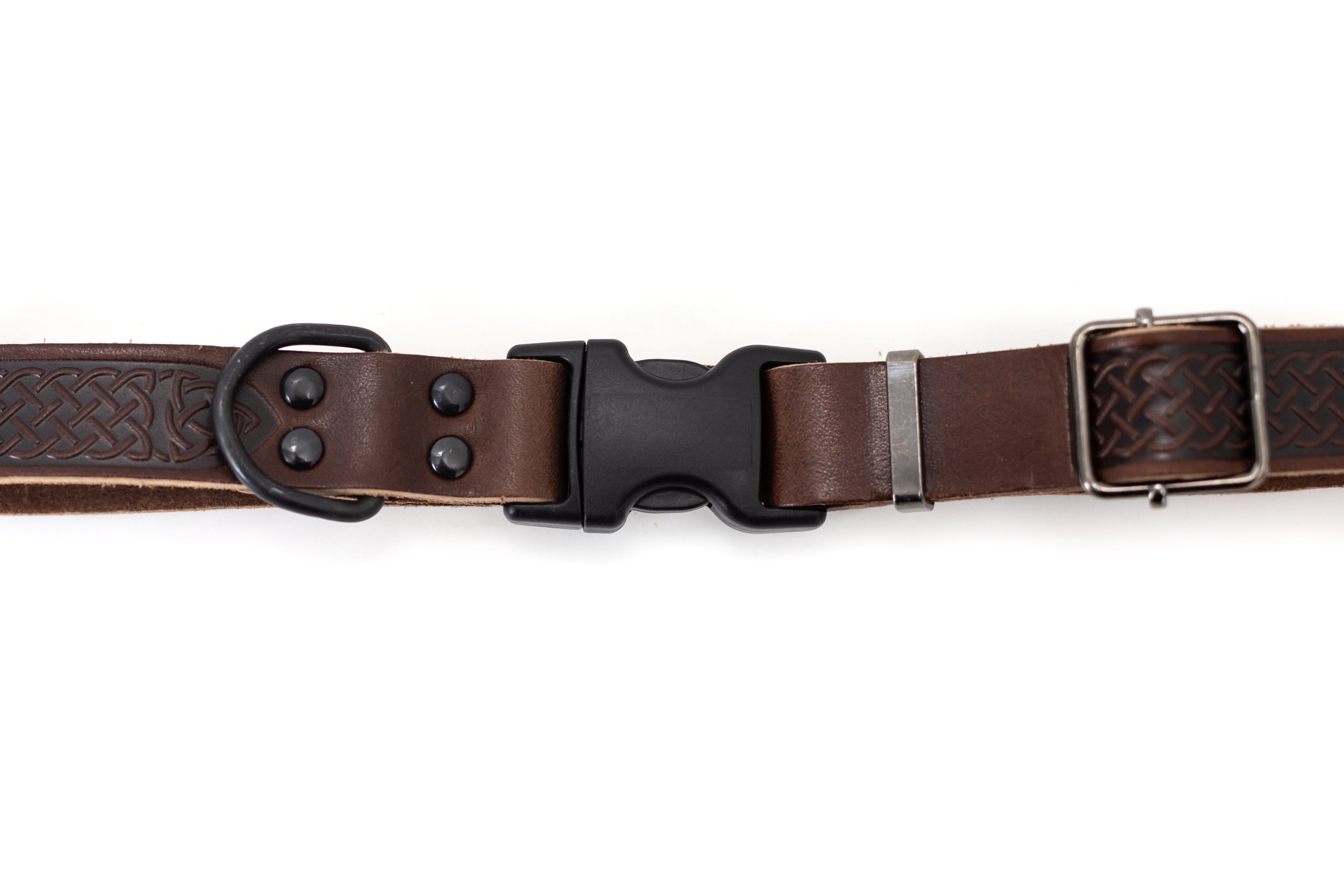 Celtic Sport chocolate leather dog collar by Euro-Dog Collars, featuring detailed Celtic design and sturdy leather construction.