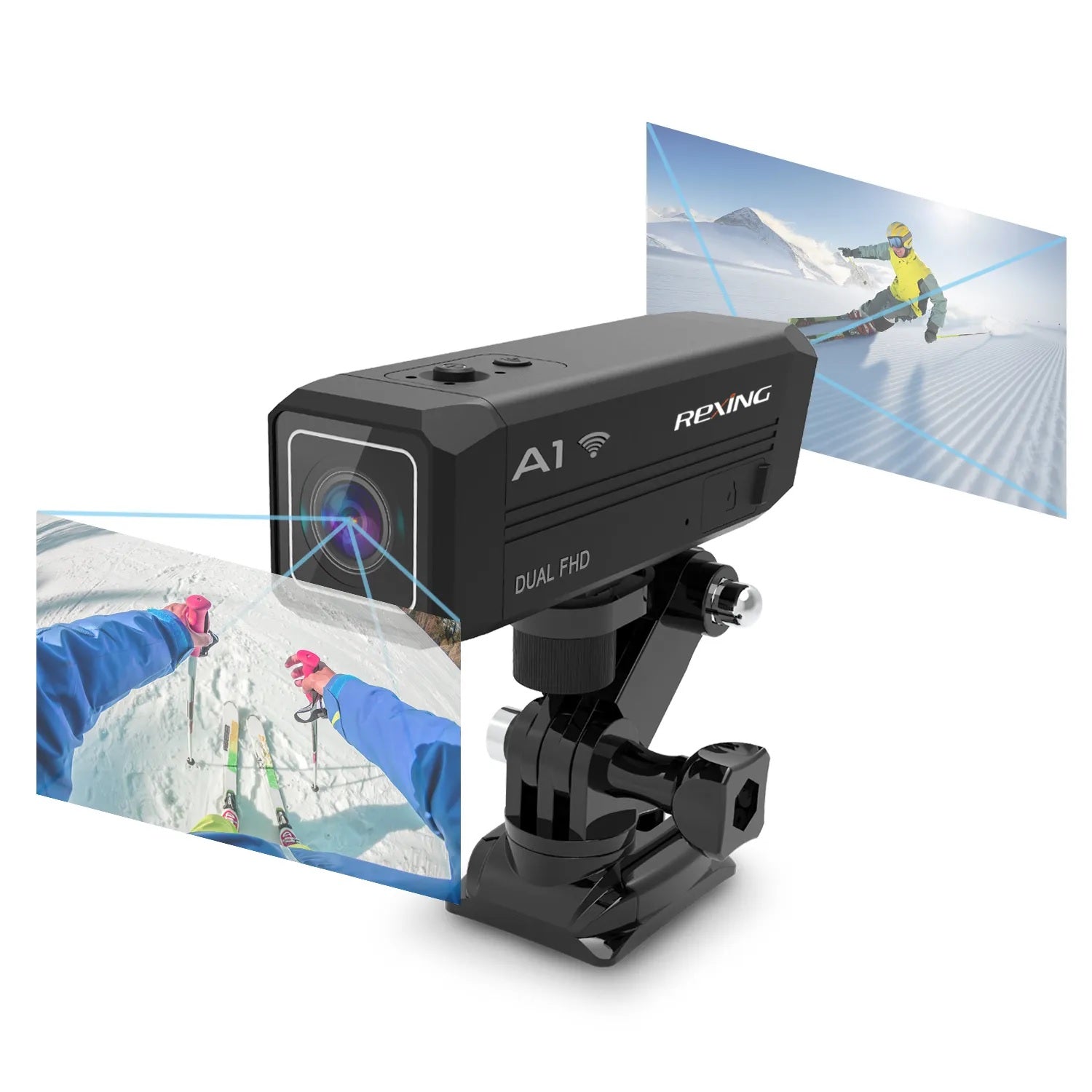 Rexing A1 two-way outdoor action camera capturing front and back views in 1080p at 30fps with Wi-Fi connectivity