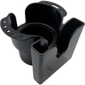 GoBoat MultiCup Phone & Cup Holder mounted on boat, holds drinks and smartphone securely with adjustable clamps.