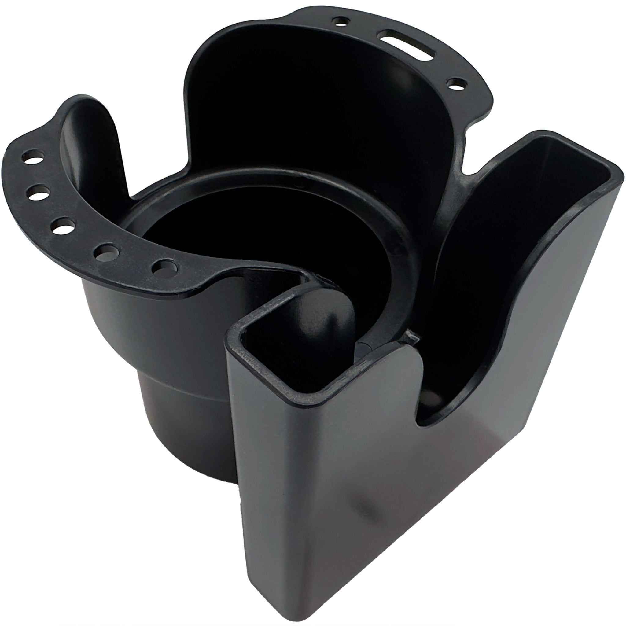 GoBoat MultiCup Phone & Cup Holder mounted on boat, holds drinks and smartphone securely with adjustable clamps.