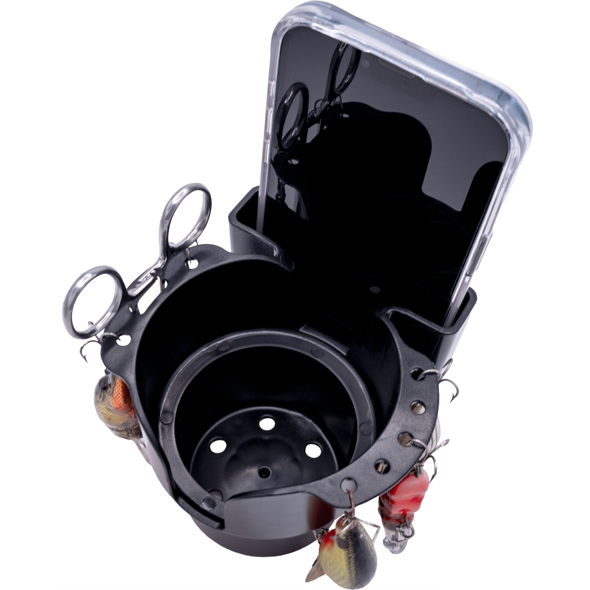 GoBoat MultiCup Phone & Cup Holder holding a smartphone and a coffee cup, designed for easy access and secure fit.