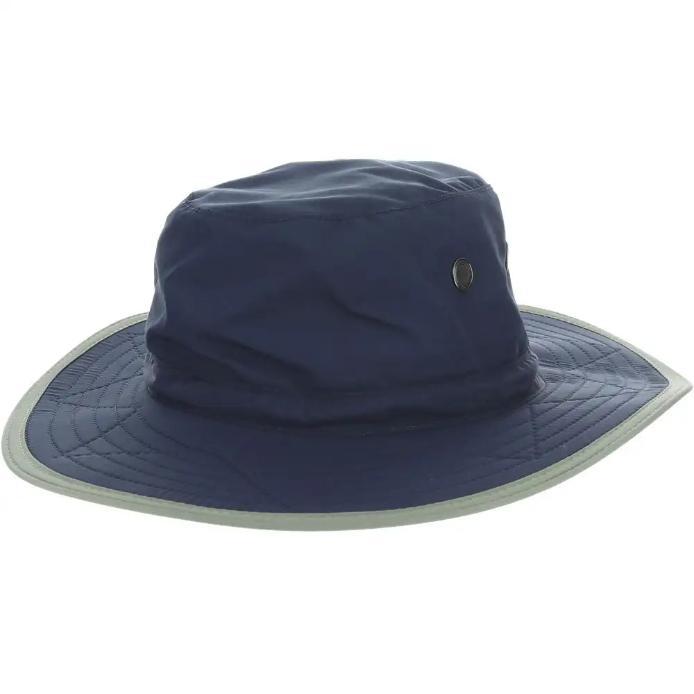 Navy Dorfman Pacific Clear Creek UPF 50+ bucket sun hat with wide brim and chin strap, designed for outdoor sun protection.
