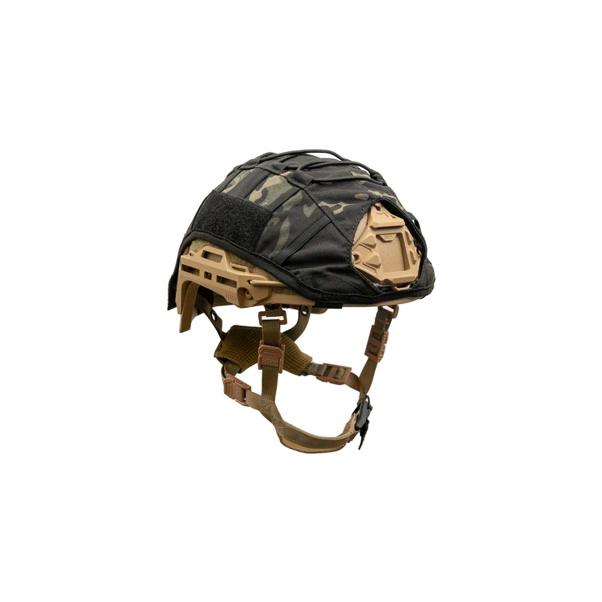 Hard Head Veterans HHV ATE® ballistic helmet cover in camouflage pattern, showing front view with adjustable straps and secure fit.