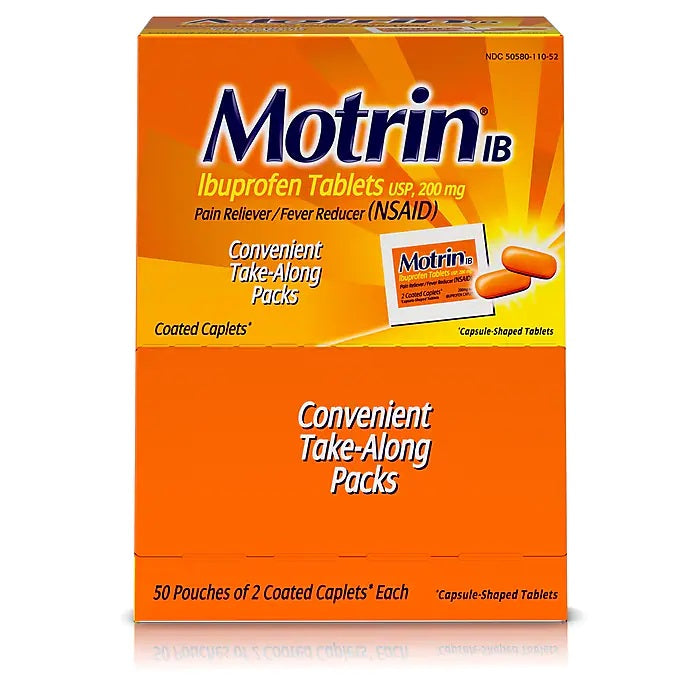 Box of Motrin IB pain relief medicine with two blister packs, featuring the Quakekits.com brand label and packaging details.