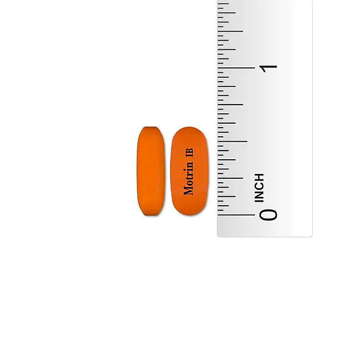 Two Motrin IB pain relief tablets in blister packs, packaged for quick use, from QuakeKits medicine and topicals collection.